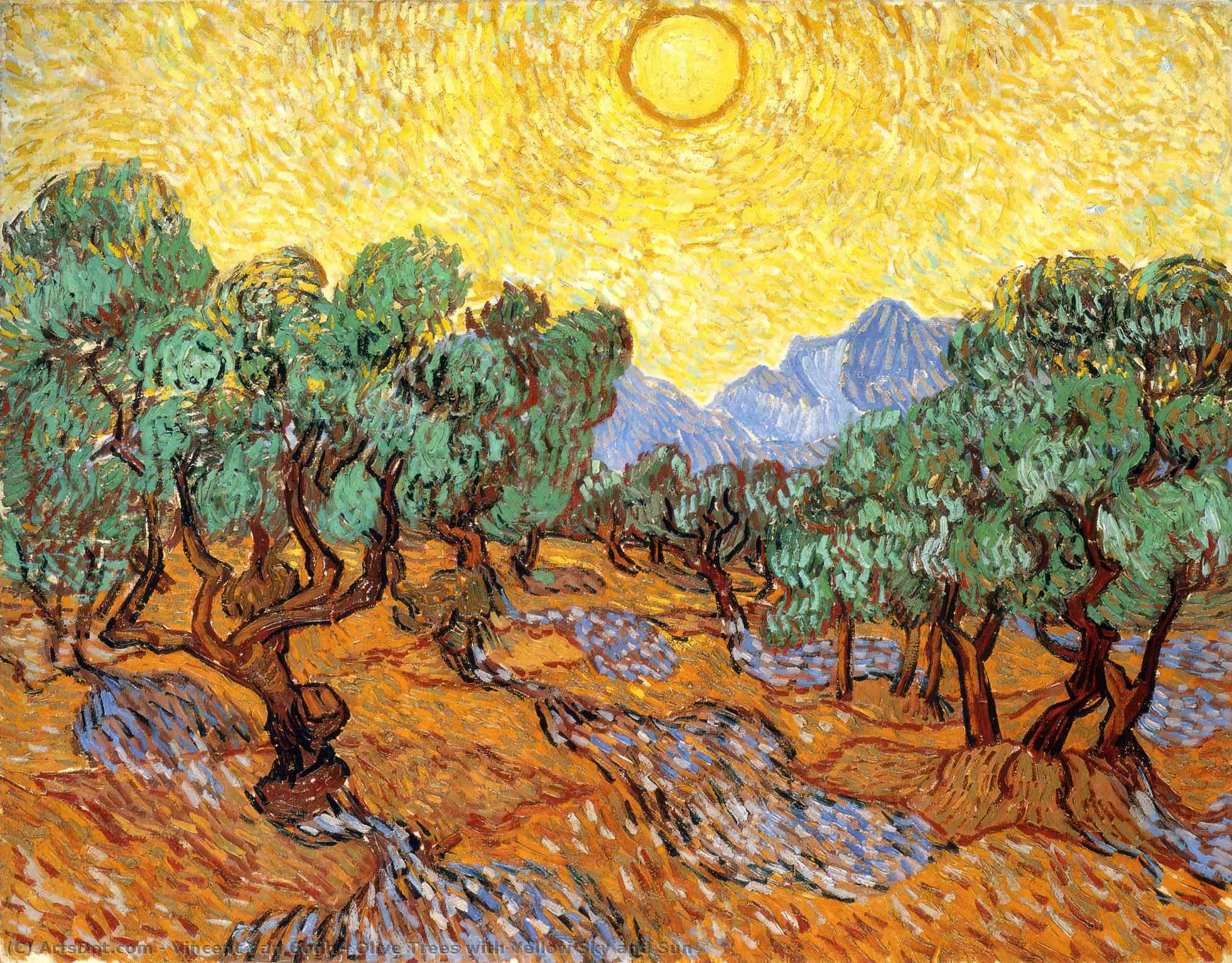 Wikioo.org - The Encyclopedia of Fine Arts - Painting, Artwork by Vincent Van Gogh - Olive Trees with Yellow Sky and Sun