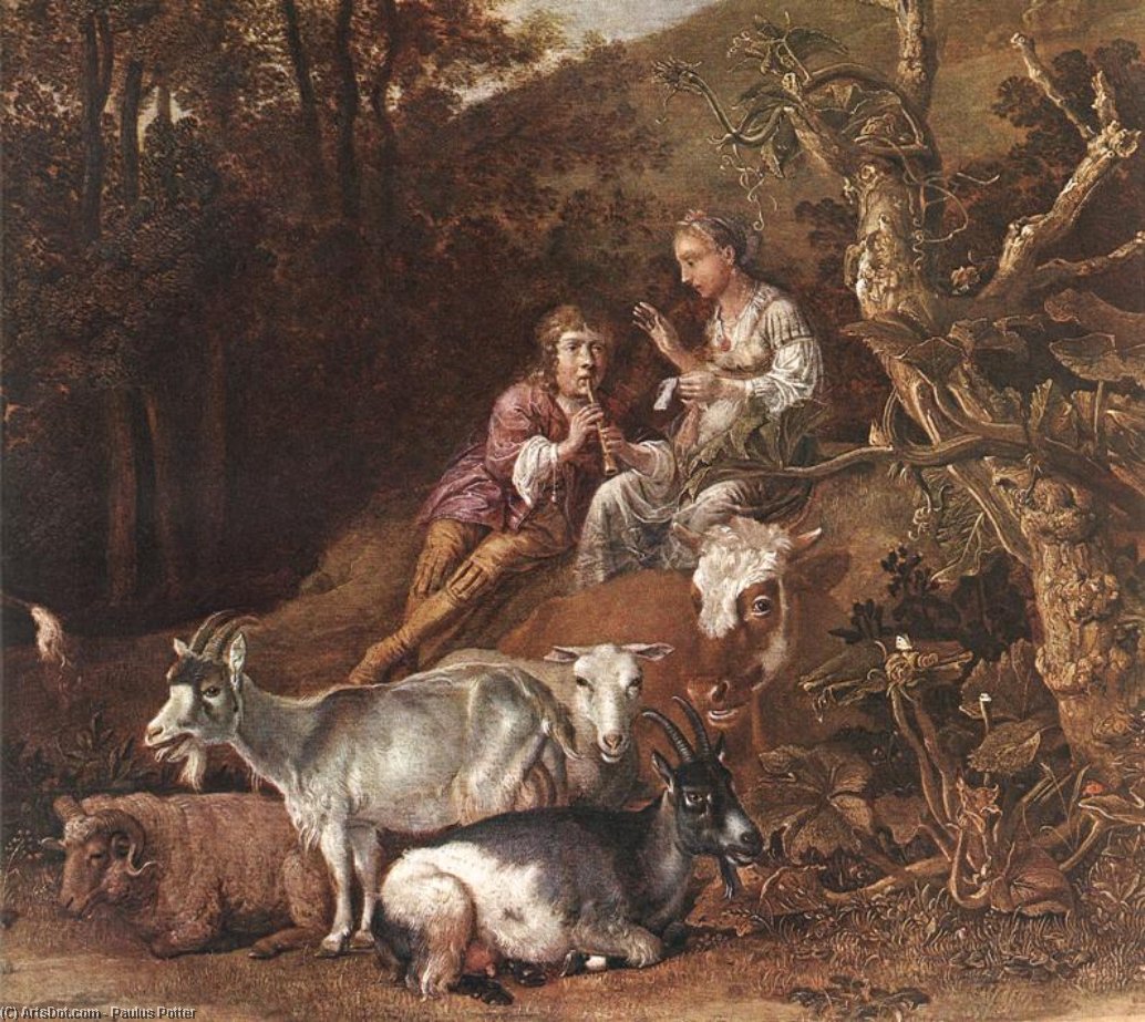 Wikioo.org - The Encyclopedia of Fine Arts - Painting, Artwork by Paulus Potter - Landscape with Shepherdess and Shepherd Playing Flute (detail)