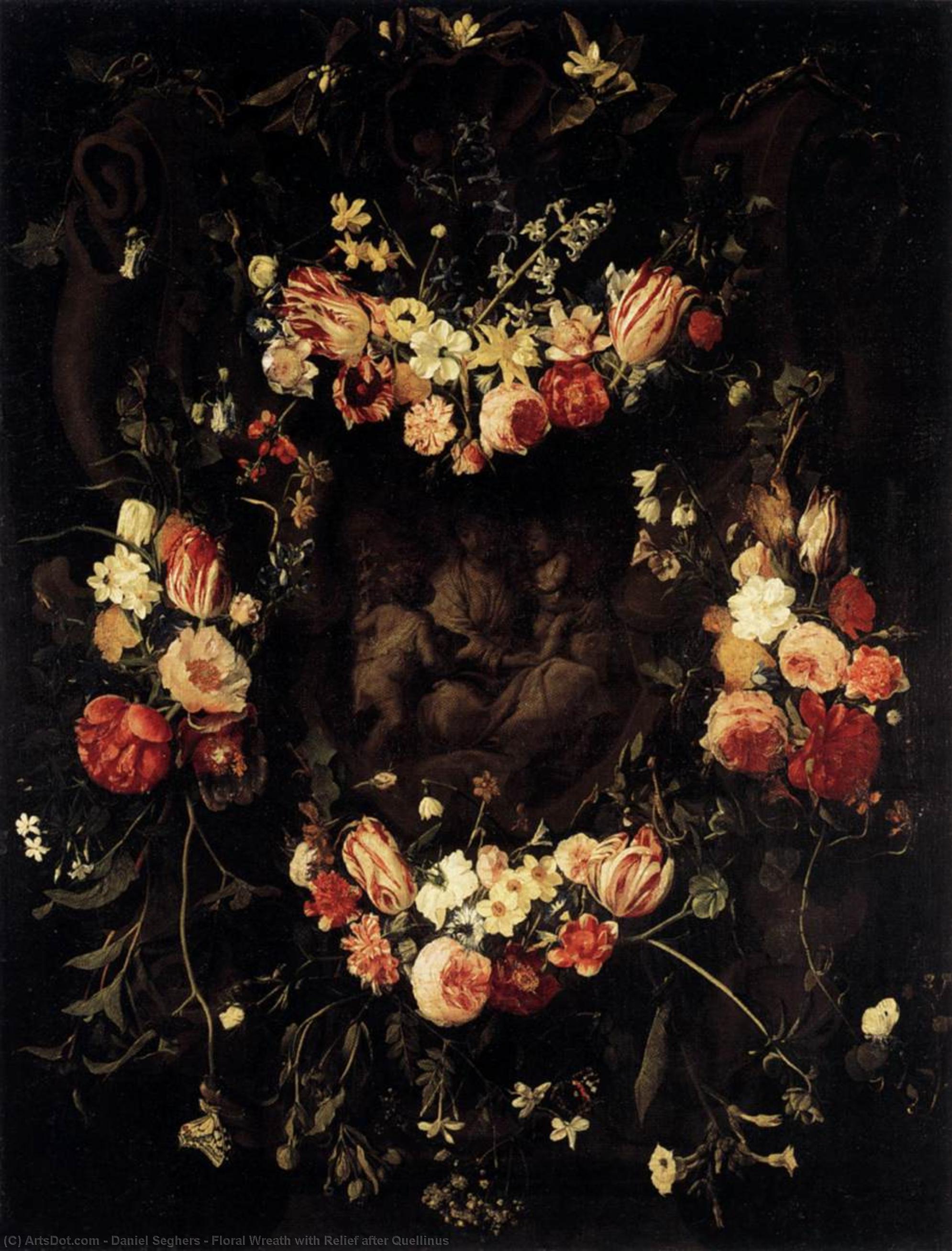 Wikioo.org - The Encyclopedia of Fine Arts - Painting, Artwork by Daniel Seghers - Floral Wreath with Relief after Quellinus