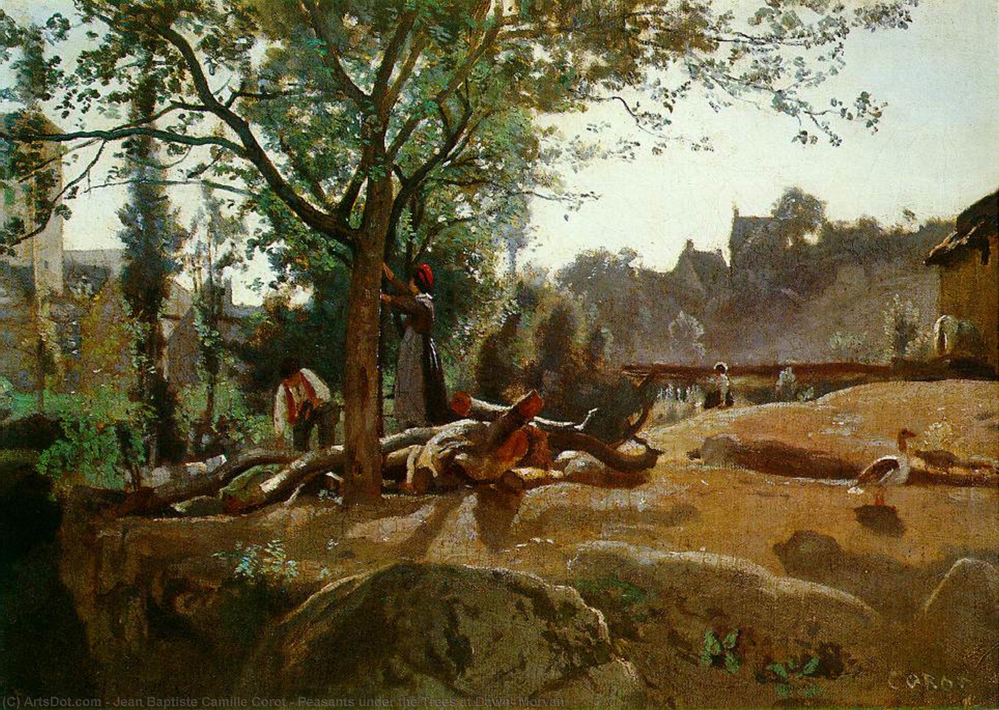 Wikioo.org - The Encyclopedia of Fine Arts - Painting, Artwork by Jean Baptiste Camille Corot - Peasants under the Trees at Dawn, Morvan