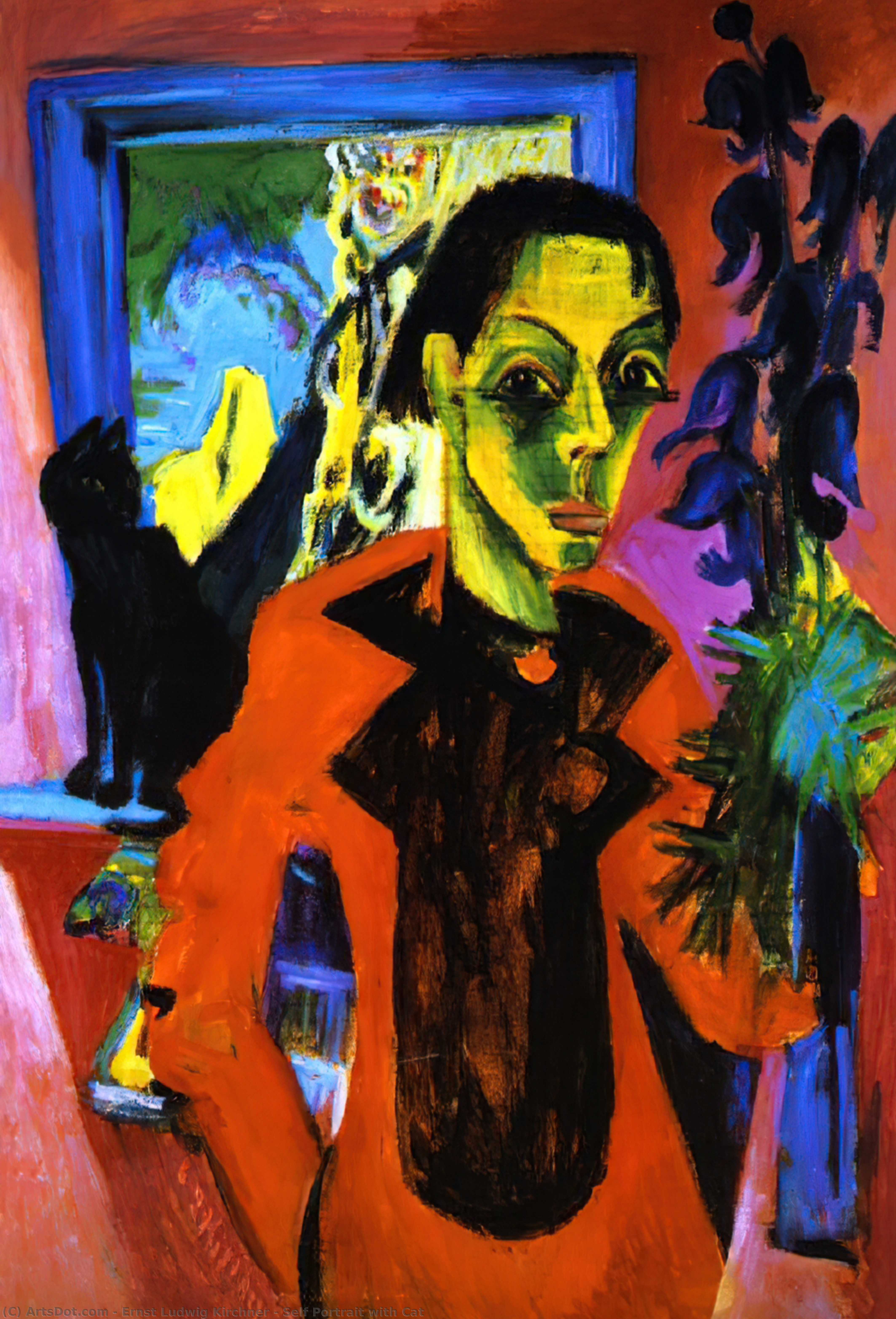 Wikioo.org - The Encyclopedia of Fine Arts - Painting, Artwork by Ernst Ludwig Kirchner - Self Portrait with Cat