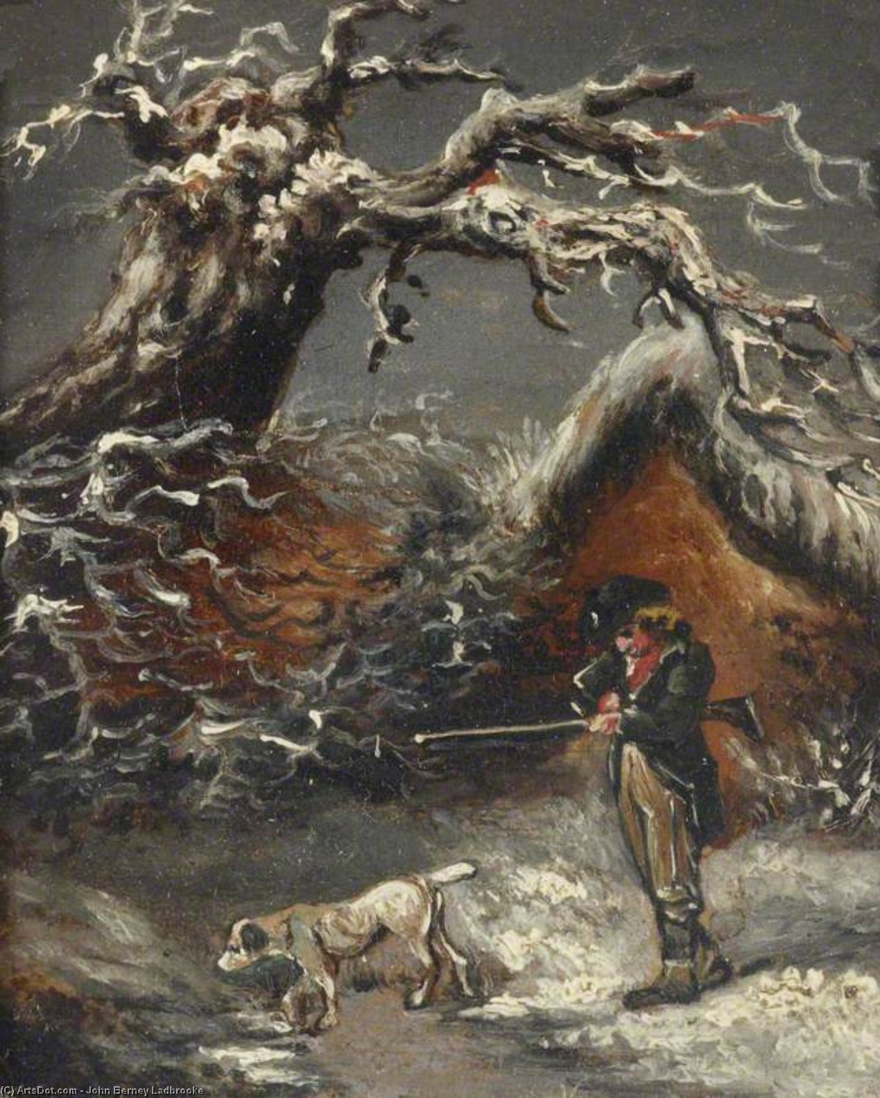 Wikioo.org - The Encyclopedia of Fine Arts - Painting, Artwork by John Berney Ladbrooke - A Winter Scene, With A Sportsman And A Dog