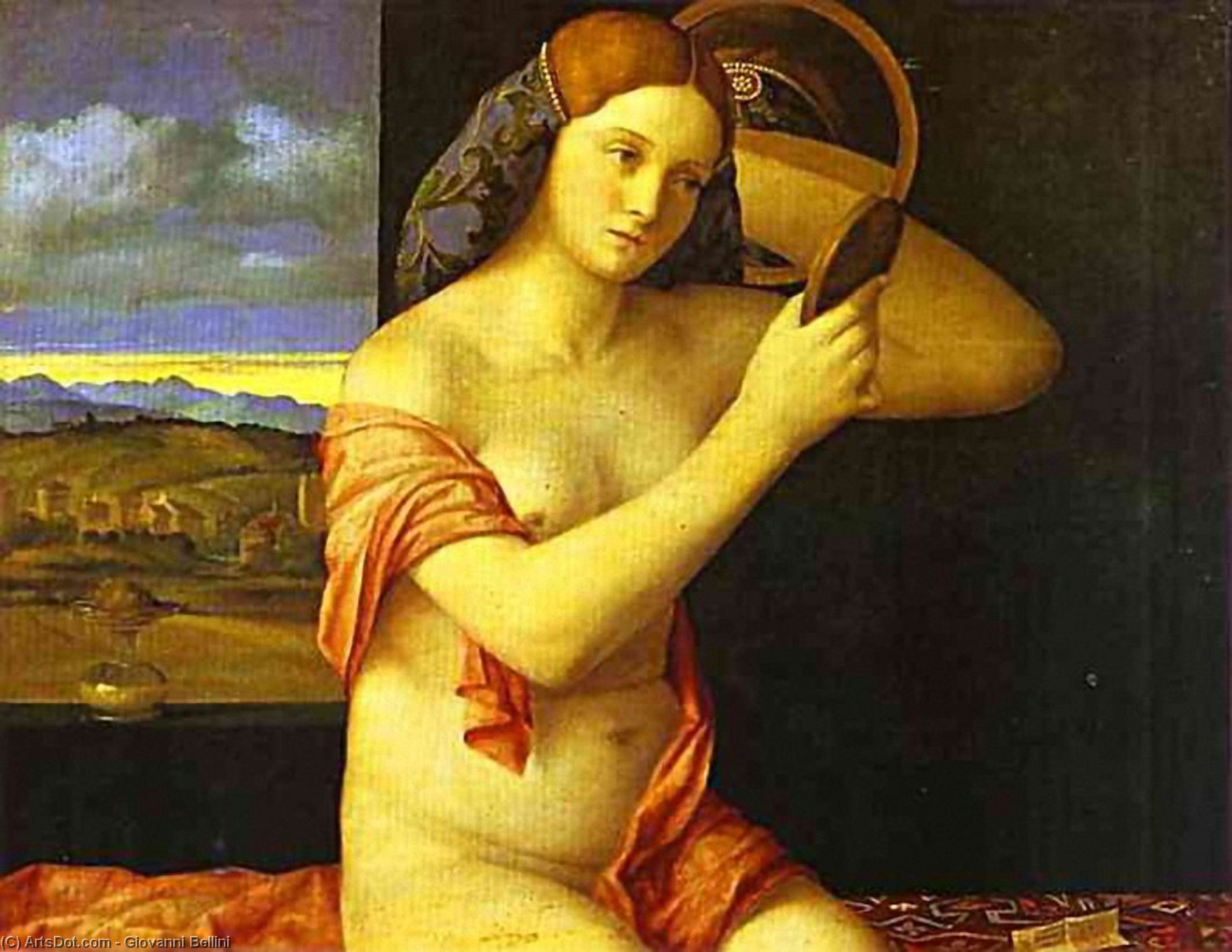 WikiOO.org - Энциклопедия изобразительного искусства - Живопись, Картины  Giovanni Bellini - молодая женщина, держащая зеркало