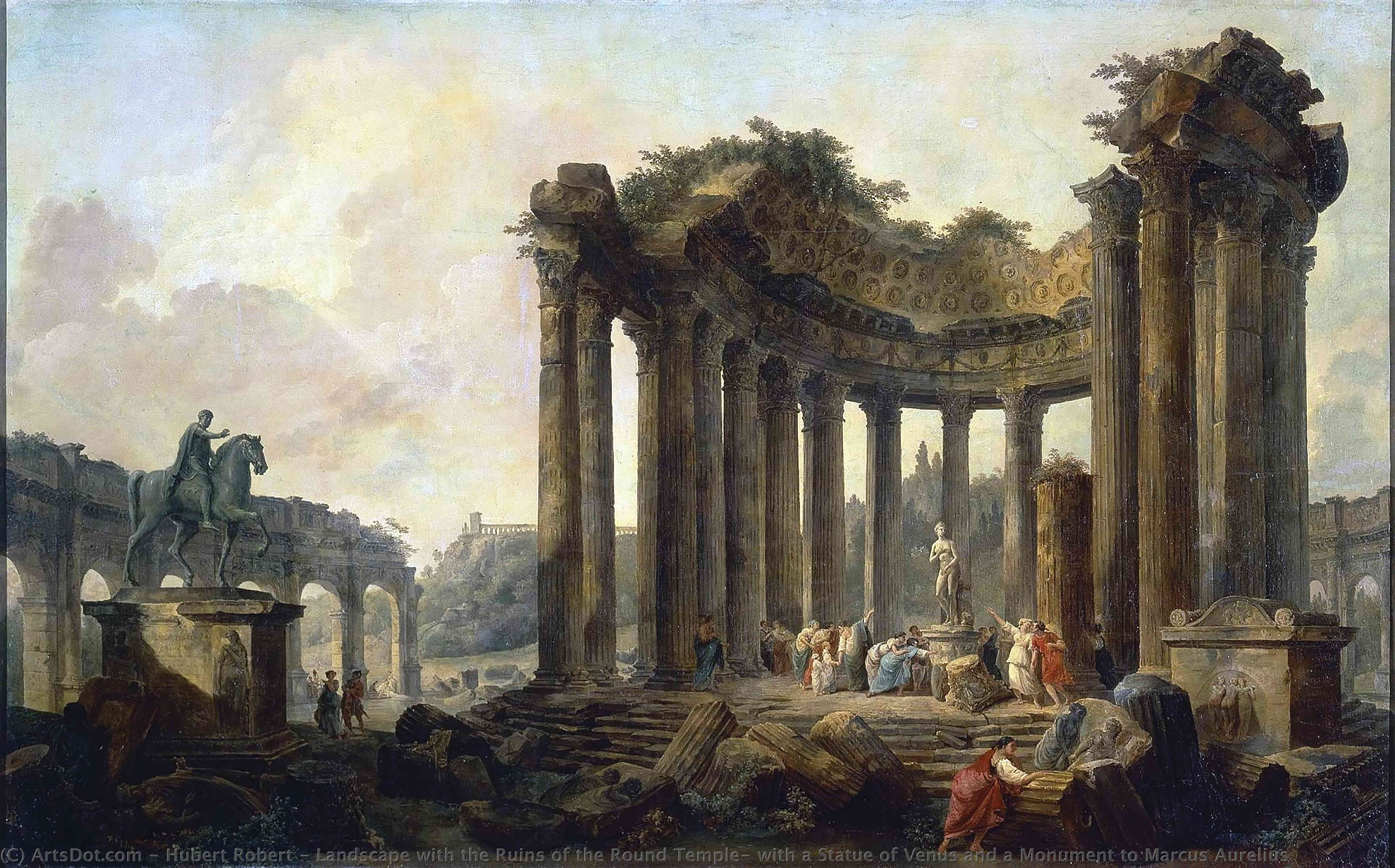 Wikioo.org - The Encyclopedia of Fine Arts - Painting, Artwork by Hubert Robert - Landscape with the Ruins of the Round Temple, with a Statue of Venus and a Monument to Marcus Aurelius