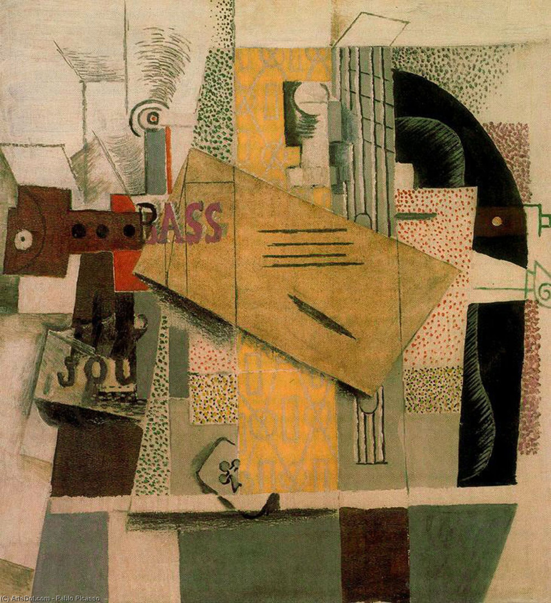 WikiOO.org - Encyclopedia of Fine Arts - Maľba, Artwork Pablo Picasso - Clarinet, bottle of bass, newspaper, ace of clubs