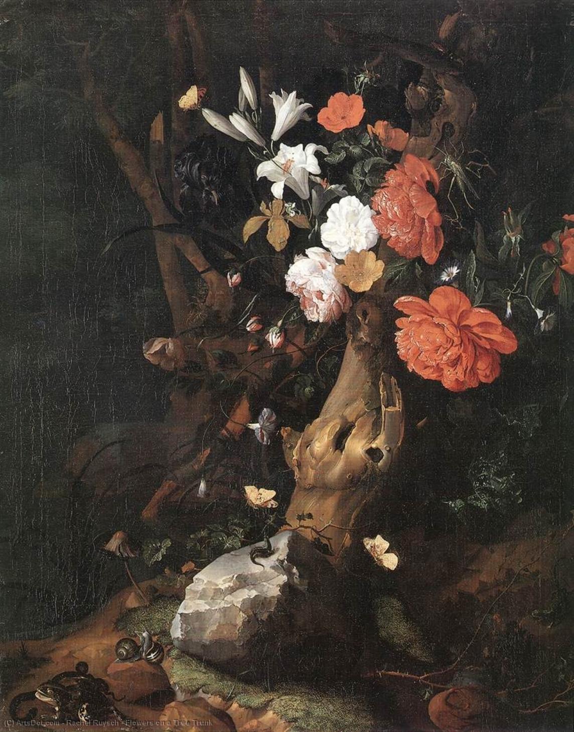 Wikioo.org - The Encyclopedia of Fine Arts - Painting, Artwork by Rachel Ruysch - Flowers on a Tree Trunk