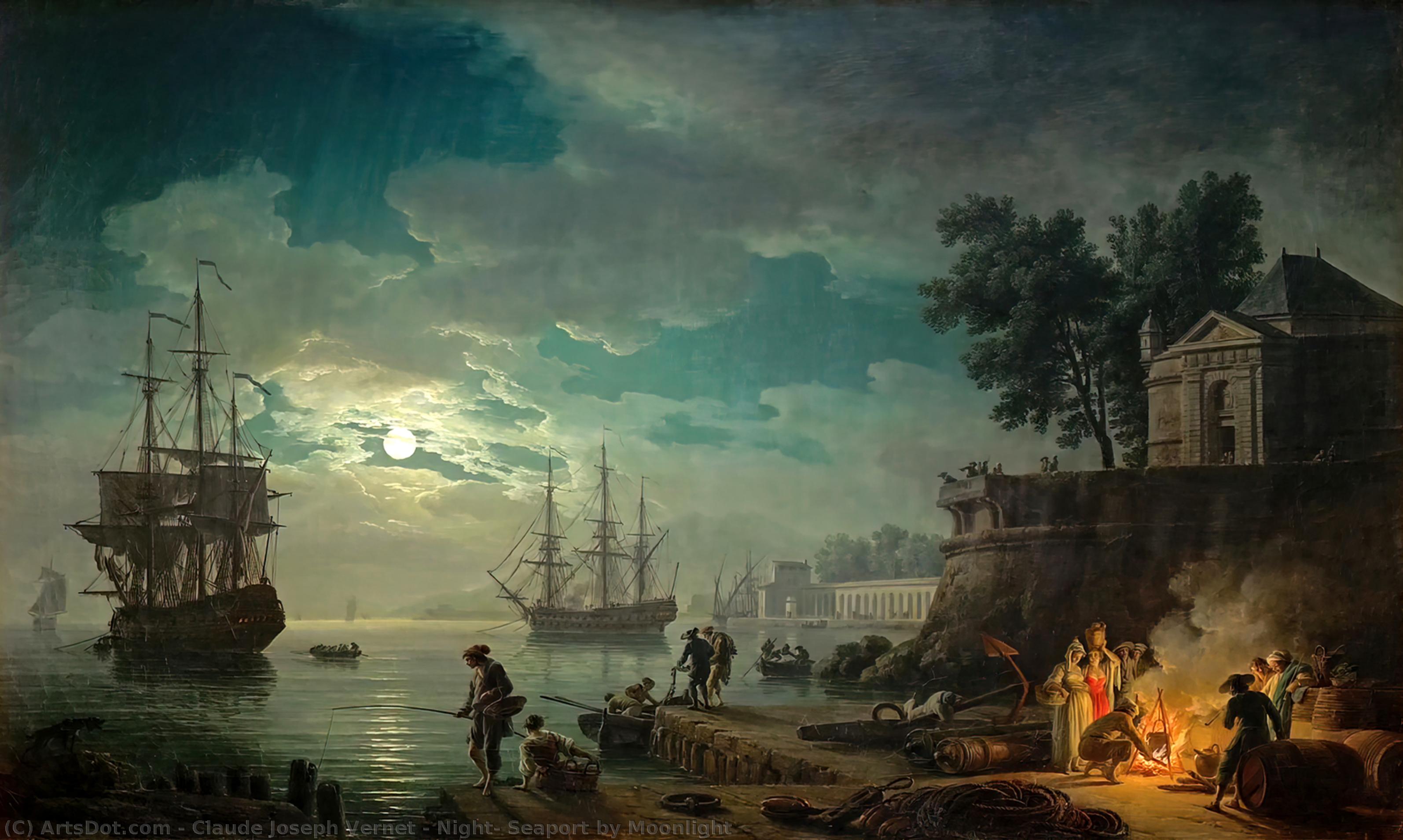 Wikioo.org - The Encyclopedia of Fine Arts - Painting, Artwork by Claude Joseph Vernet - Night: Seaport by Moonlight