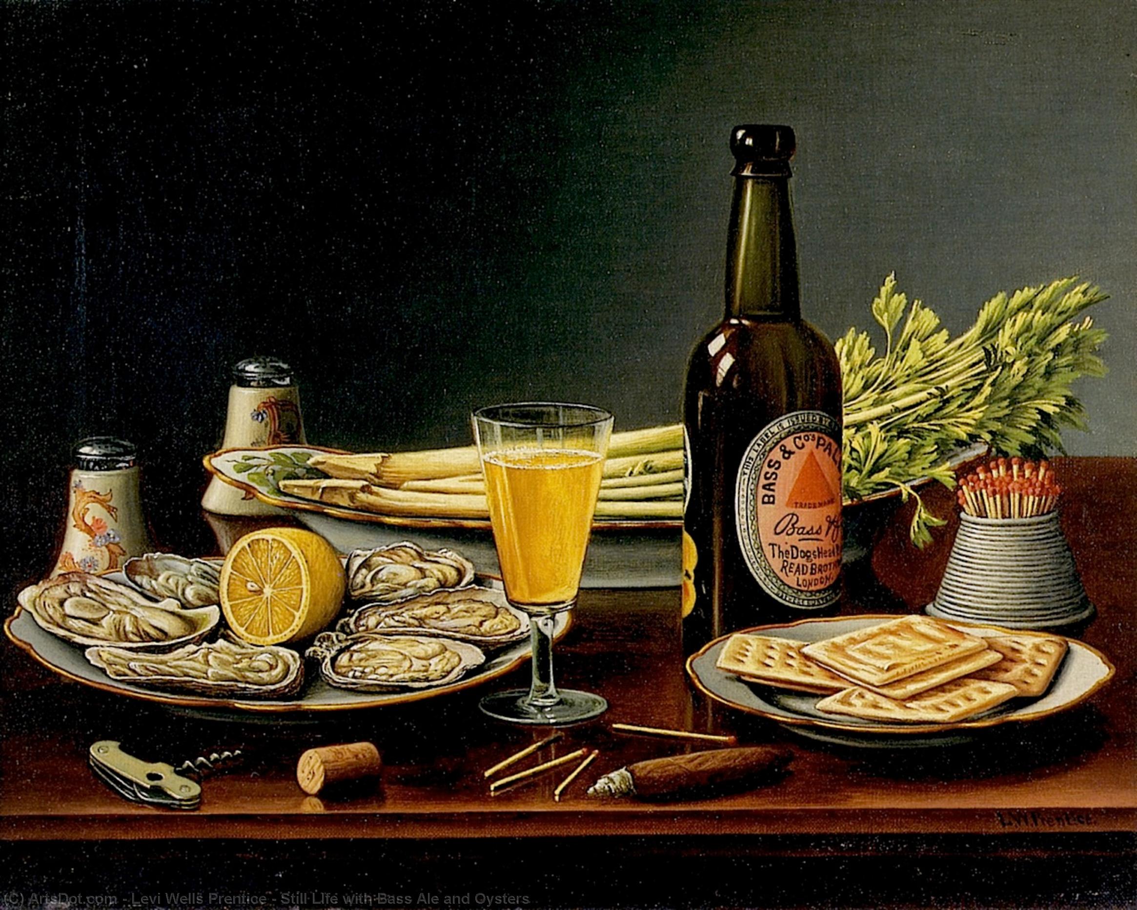 Wikioo.org - The Encyclopedia of Fine Arts - Painting, Artwork by Levi Wells Prentice - Still LIfe with Bass Ale and Oysters