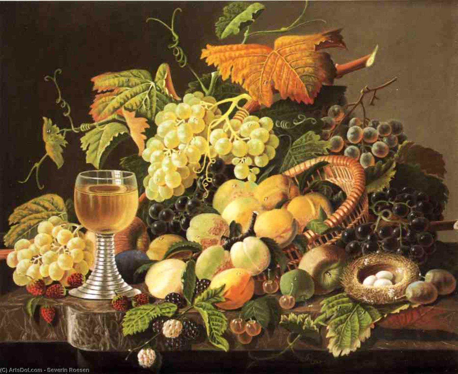 Wikioo.org - The Encyclopedia of Fine Arts - Painting, Artwork by Severin Roesen - Still Life with Fruit, Bird's Nest and Wine Glass