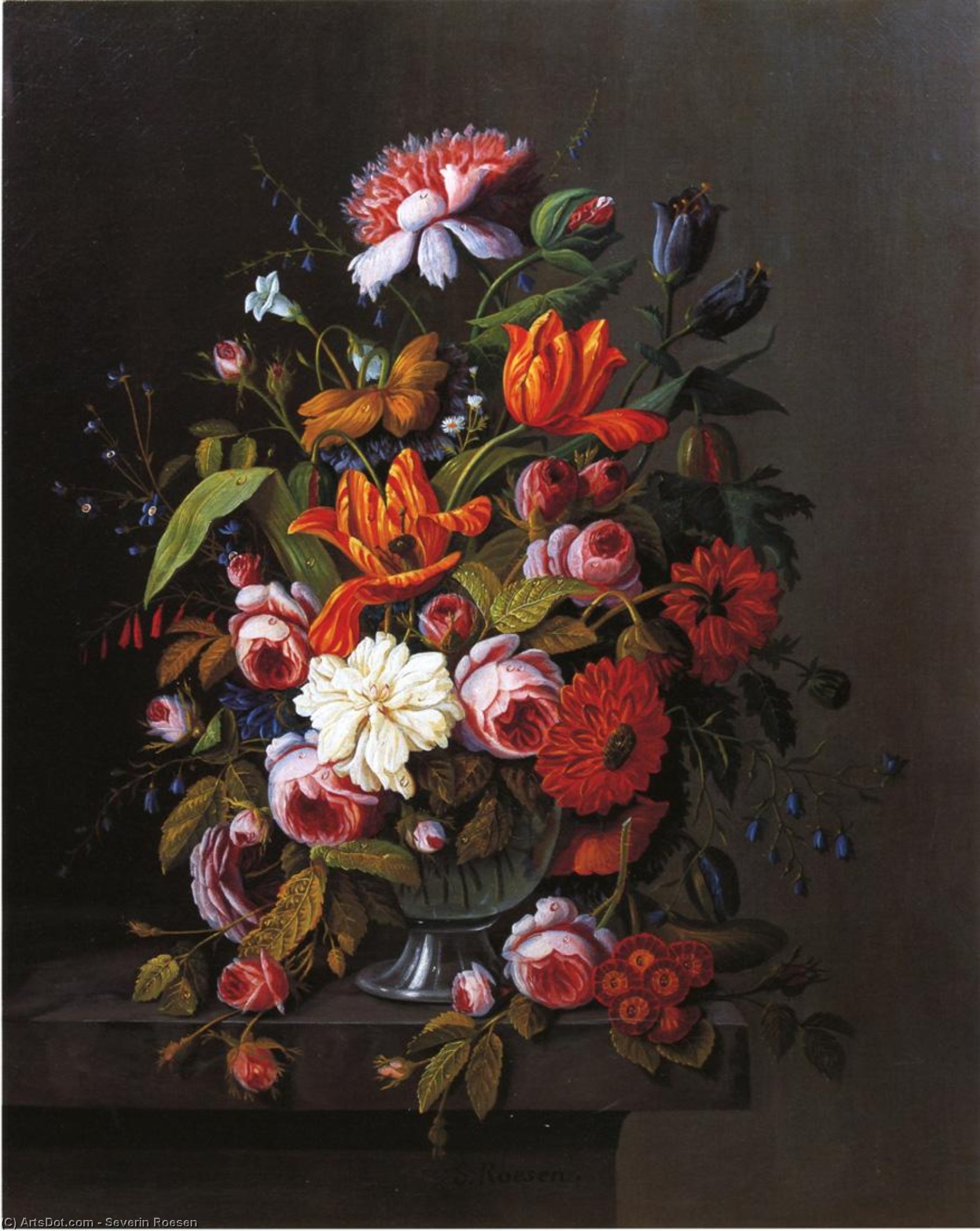 Wikioo.org - The Encyclopedia of Fine Arts - Painting, Artwork by Severin Roesen - Summer Flowers in a Glass Bowl