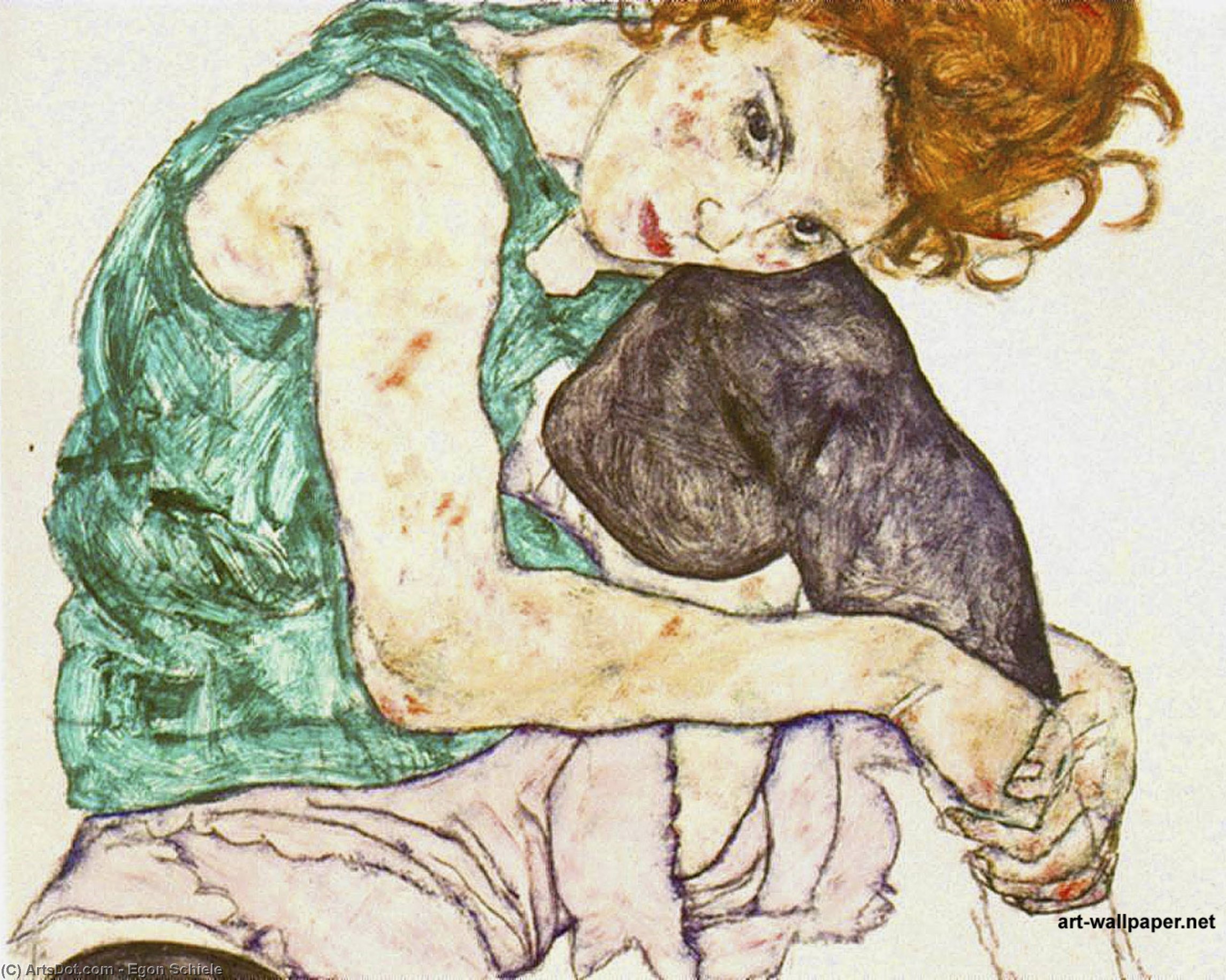 WikiOO.org - Εγκυκλοπαίδεια Καλών Τεχνών - Ζωγραφική, έργα τέχνης Egon Schiele - Sitting woman with legs drawn up,1917, narodni galer