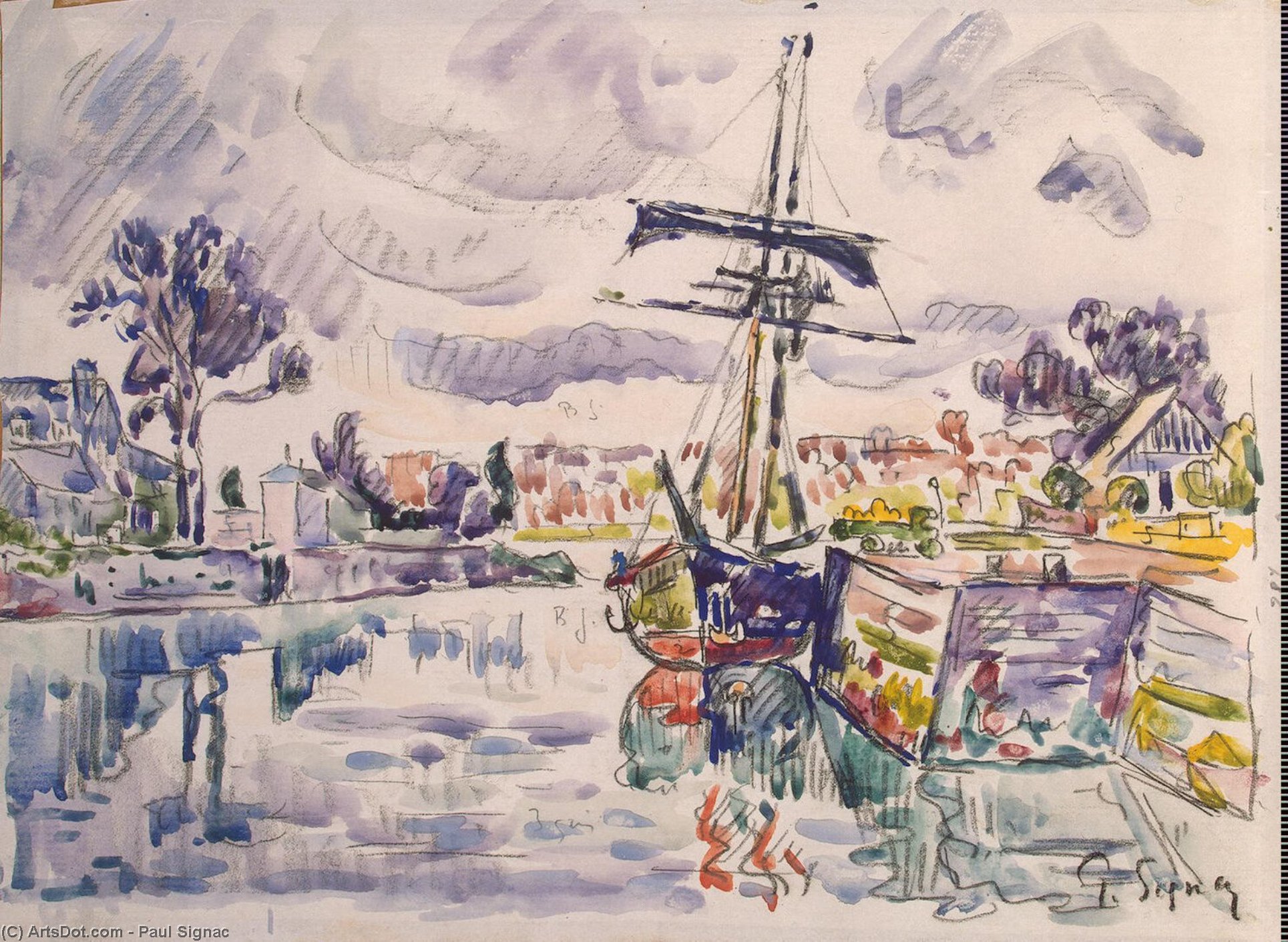 Wikioo.org - The Encyclopedia of Fine Arts - Painting, Artwork by Paul Signac - Sailboat at a Pier