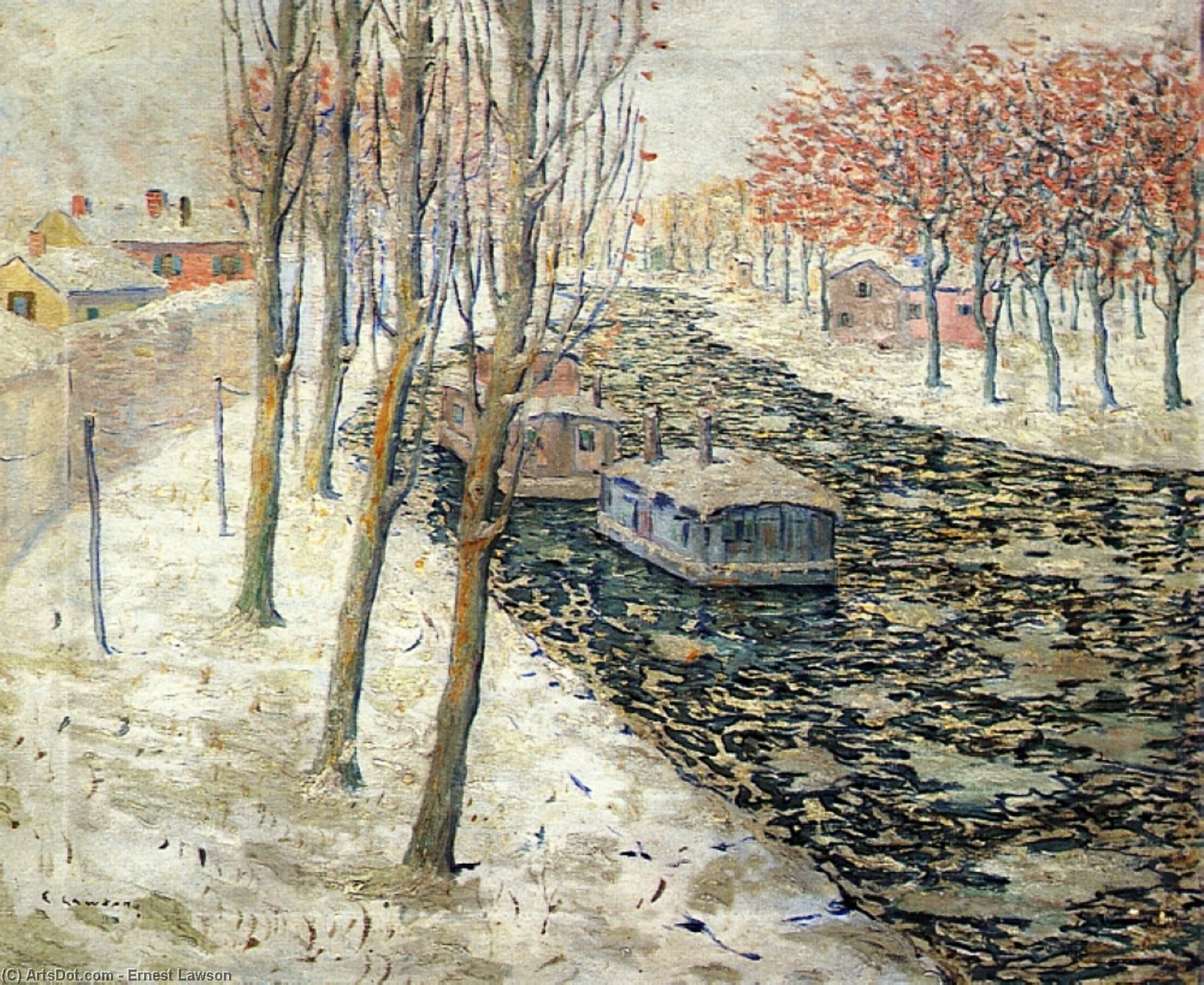 Wikoo.org - موسوعة الفنون الجميلة - اللوحة، العمل الفني Ernest Lawson - Canal Scene in Winter