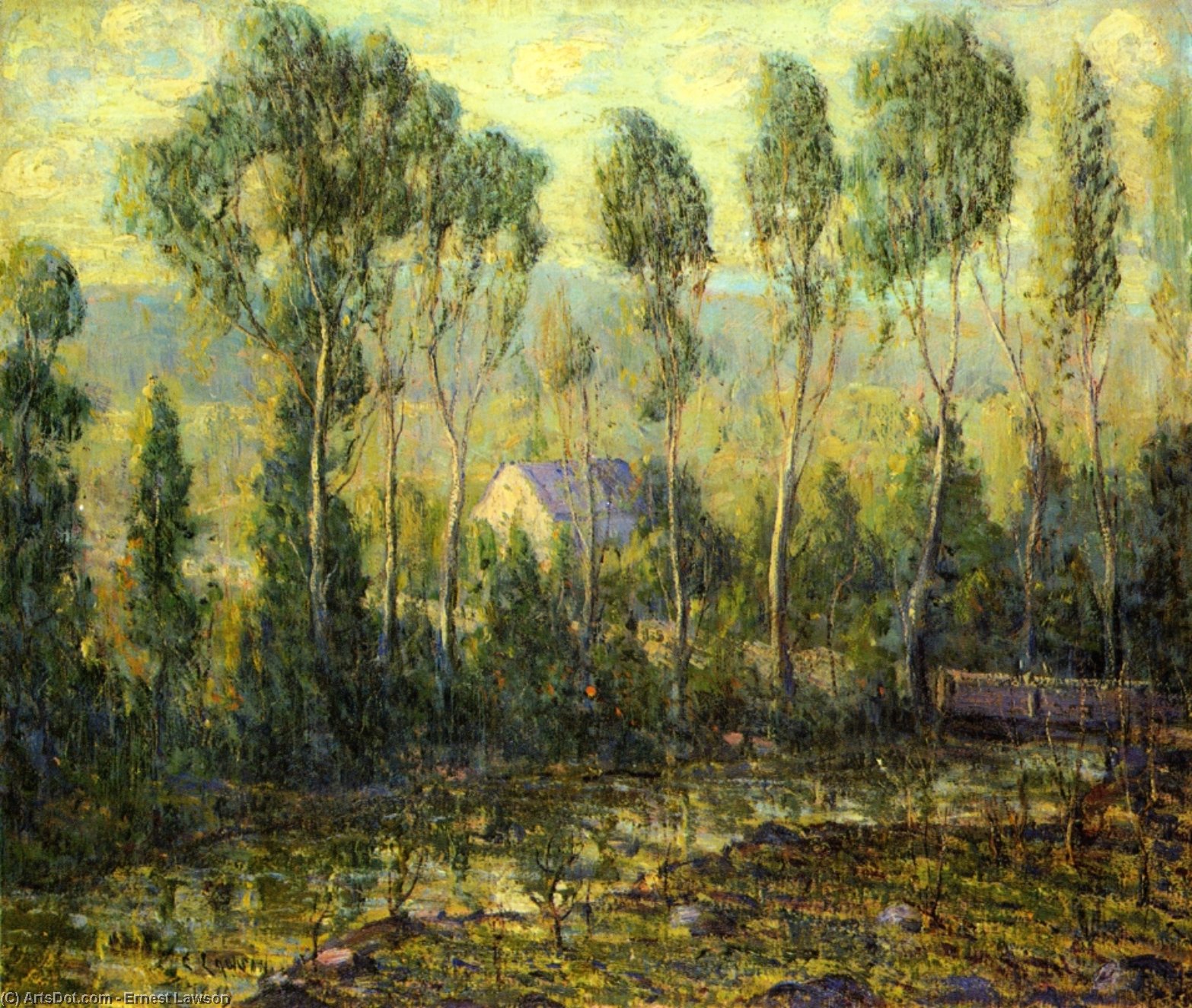 Wikoo.org - موسوعة الفنون الجميلة - اللوحة، العمل الفني Ernest Lawson - Poplars along a River