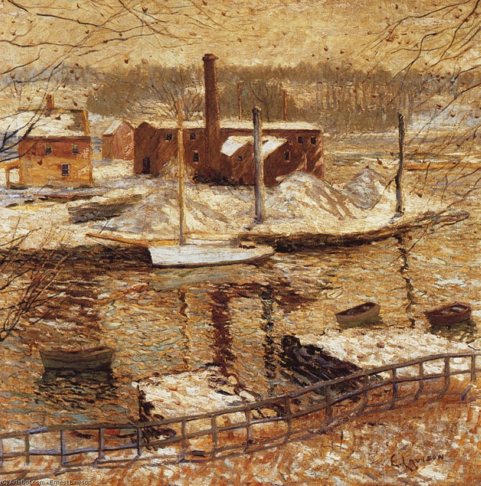 Wikoo.org - موسوعة الفنون الجميلة - اللوحة، العمل الفني Ernest Lawson - River Scene in Winter