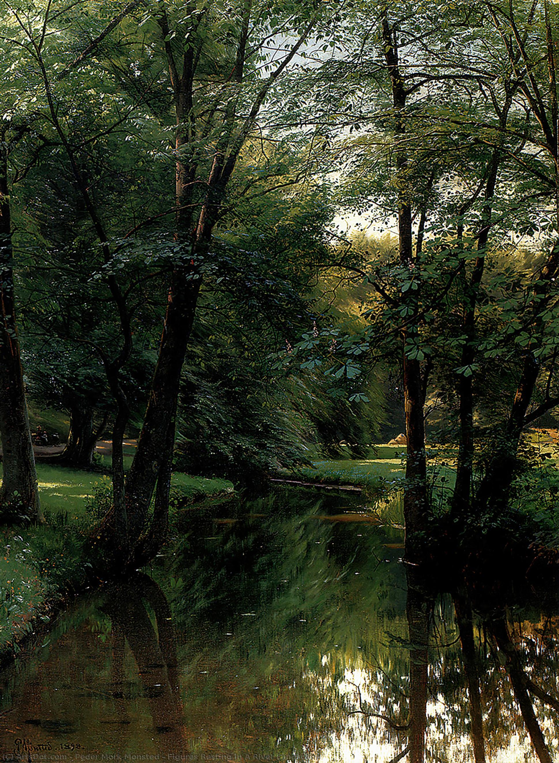 Wikioo.org - The Encyclopedia of Fine Arts - Painting, Artwork by Peder Mork Monsted - Figures Resting In A River Landscape