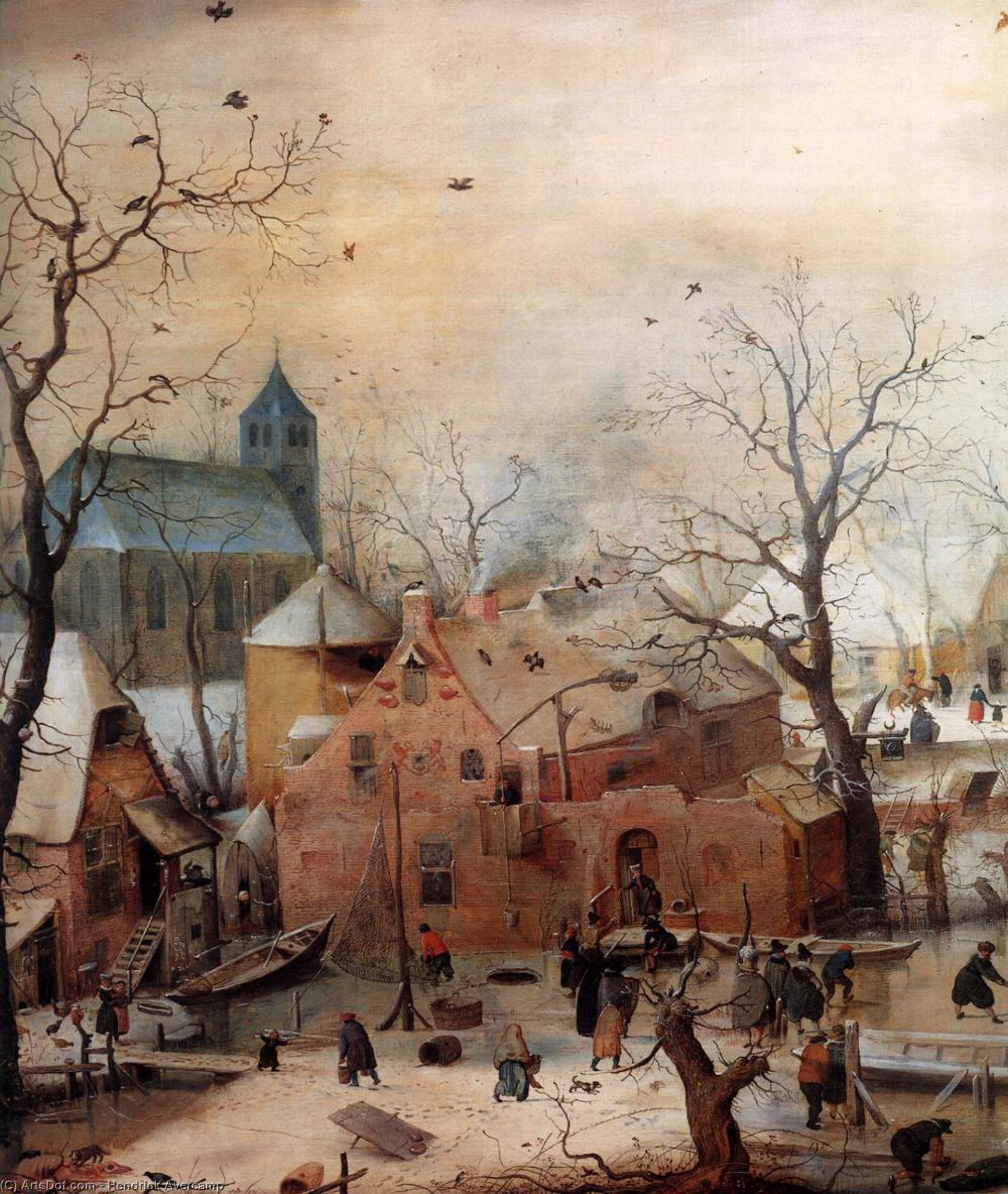 Wikioo.org - The Encyclopedia of Fine Arts - Painting, Artwork by Hendrick Avercamp - Winter Landscape with Skaters (detail)