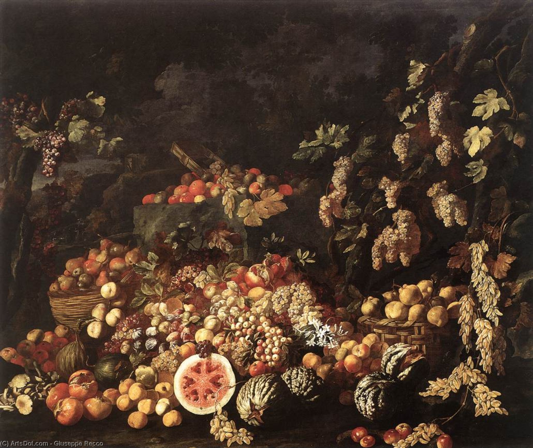 Wikioo.org - The Encyclopedia of Fine Arts - Painting, Artwork by Giuseppe Recco - Still-Life with Fruit and Flowers