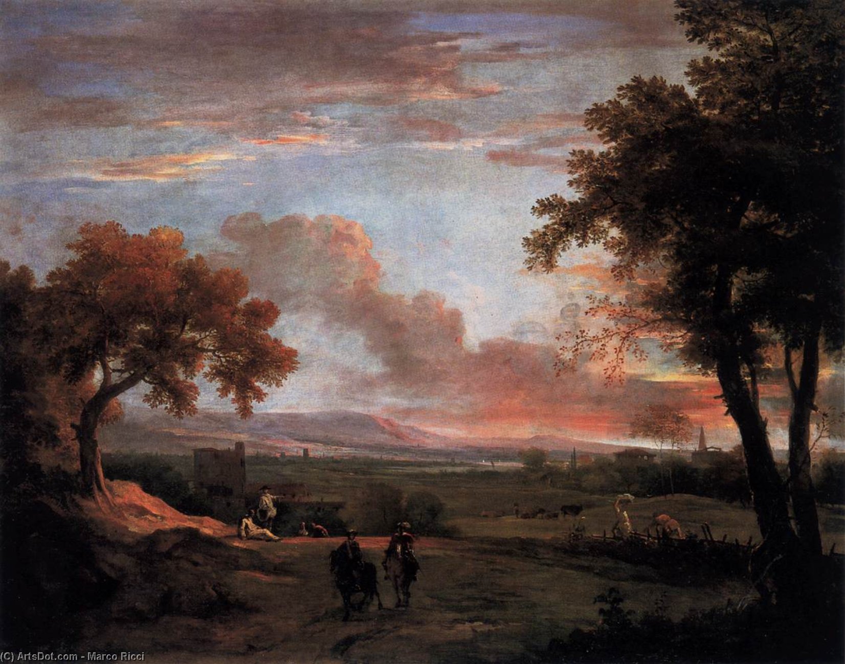 Wikioo.org - The Encyclopedia of Fine Arts - Painting, Artwork by Marco Ricci - Southern Landscape at Twilight