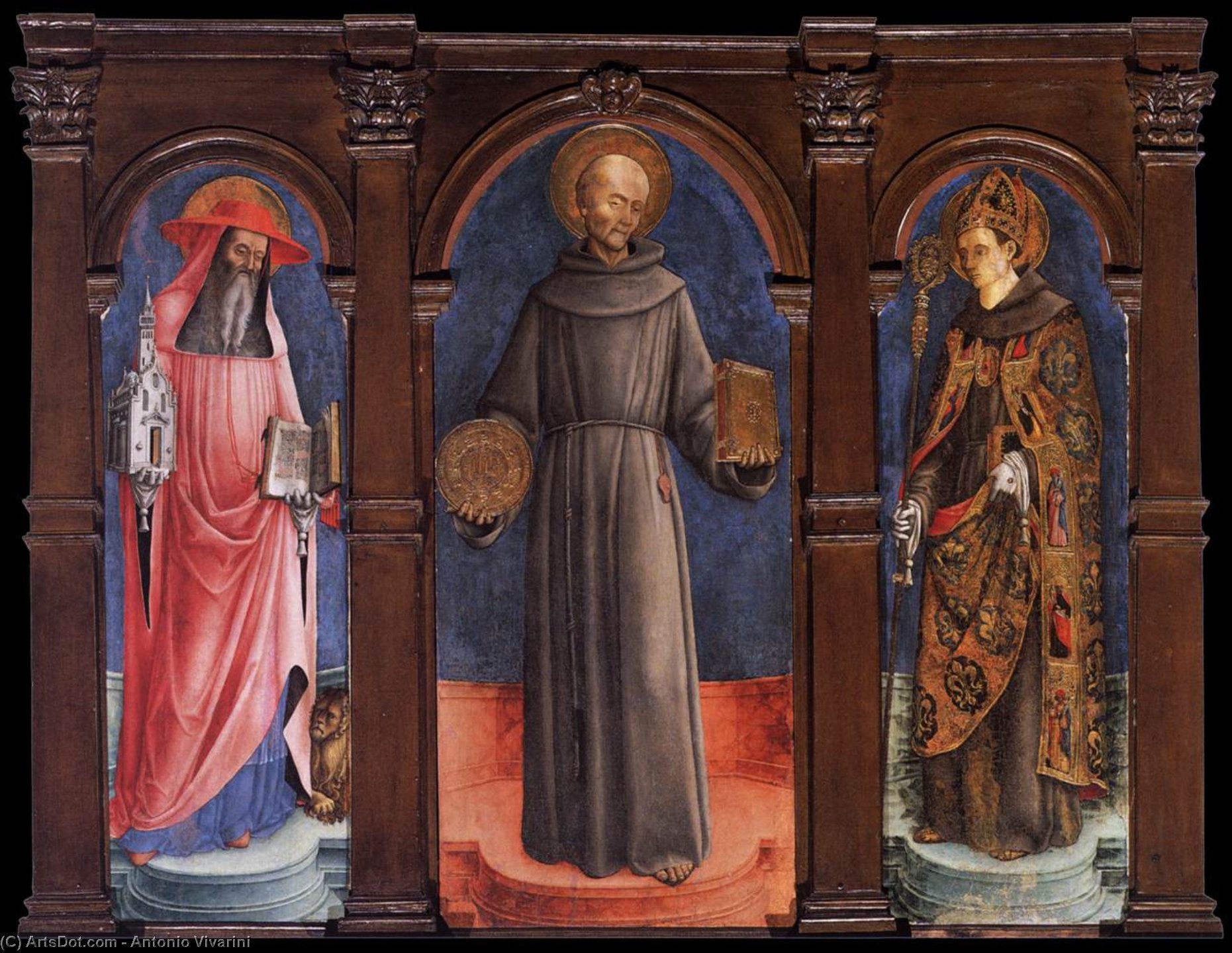 Wikioo.org - The Encyclopedia of Fine Arts - Painting, Artwork by Antonio Vivarini - Sts Jerome, Bernardino of Siena, and Louis of Toulouse