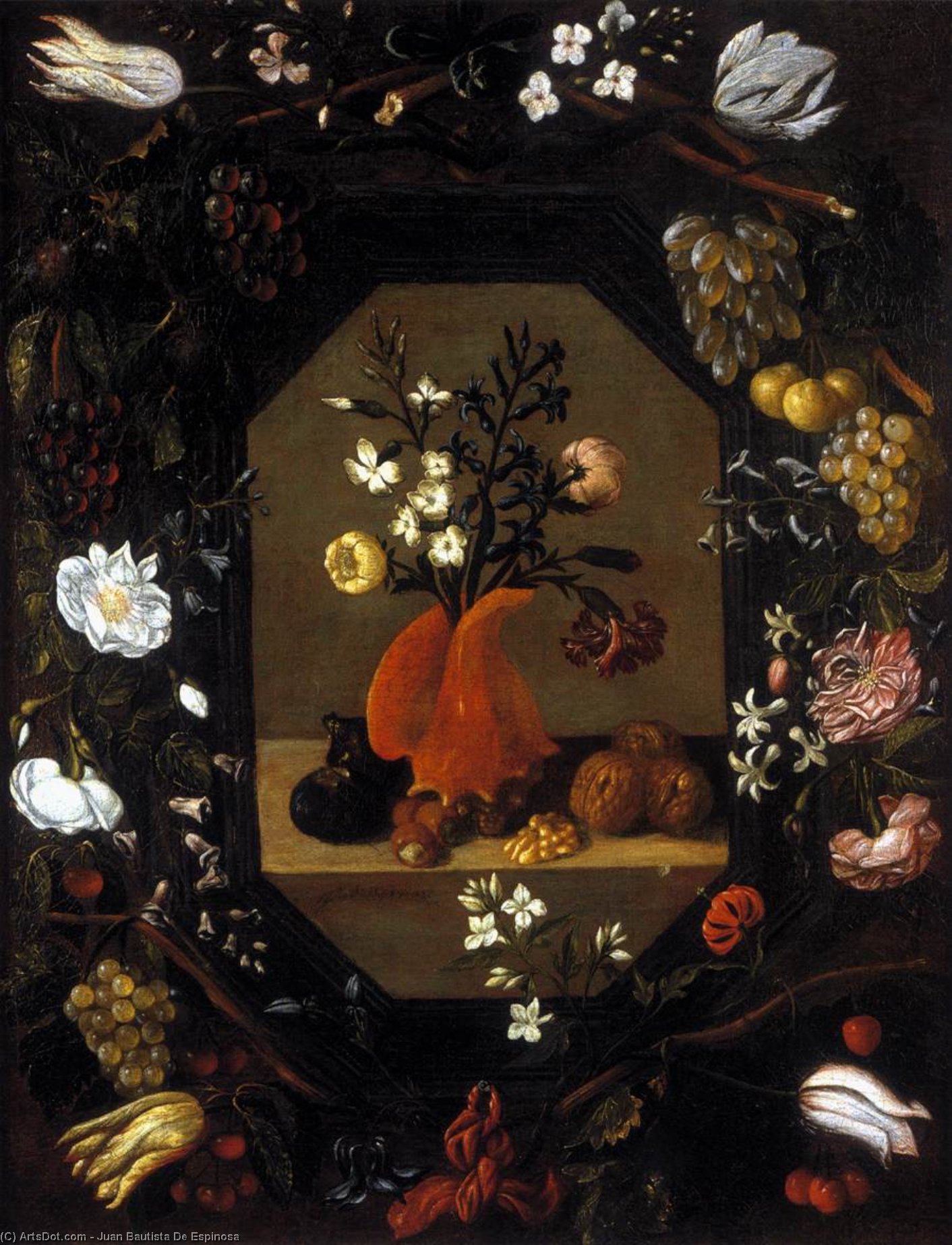 Wikioo.org - The Encyclopedia of Fine Arts - Painting, Artwork by Juan Bautista De Espinosa - Still-Life with Flowers with a Garland of Fruit and Flowers