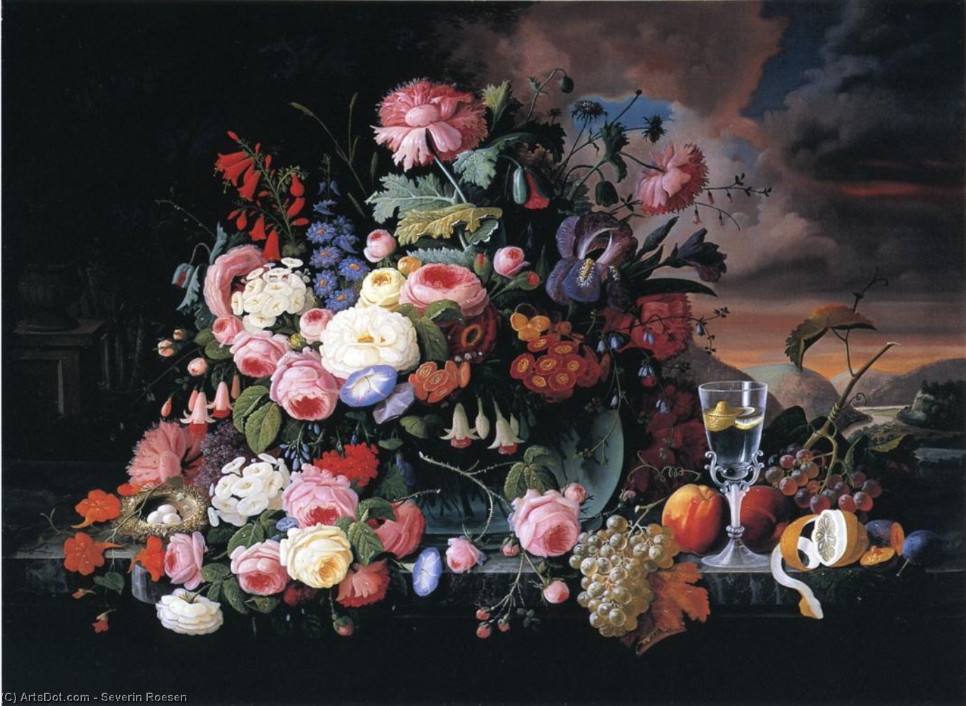 Wikioo.org - The Encyclopedia of Fine Arts - Painting, Artwork by Severin Roesen - Still Life of Flowers and Fruit with a River Landscape in the Distance