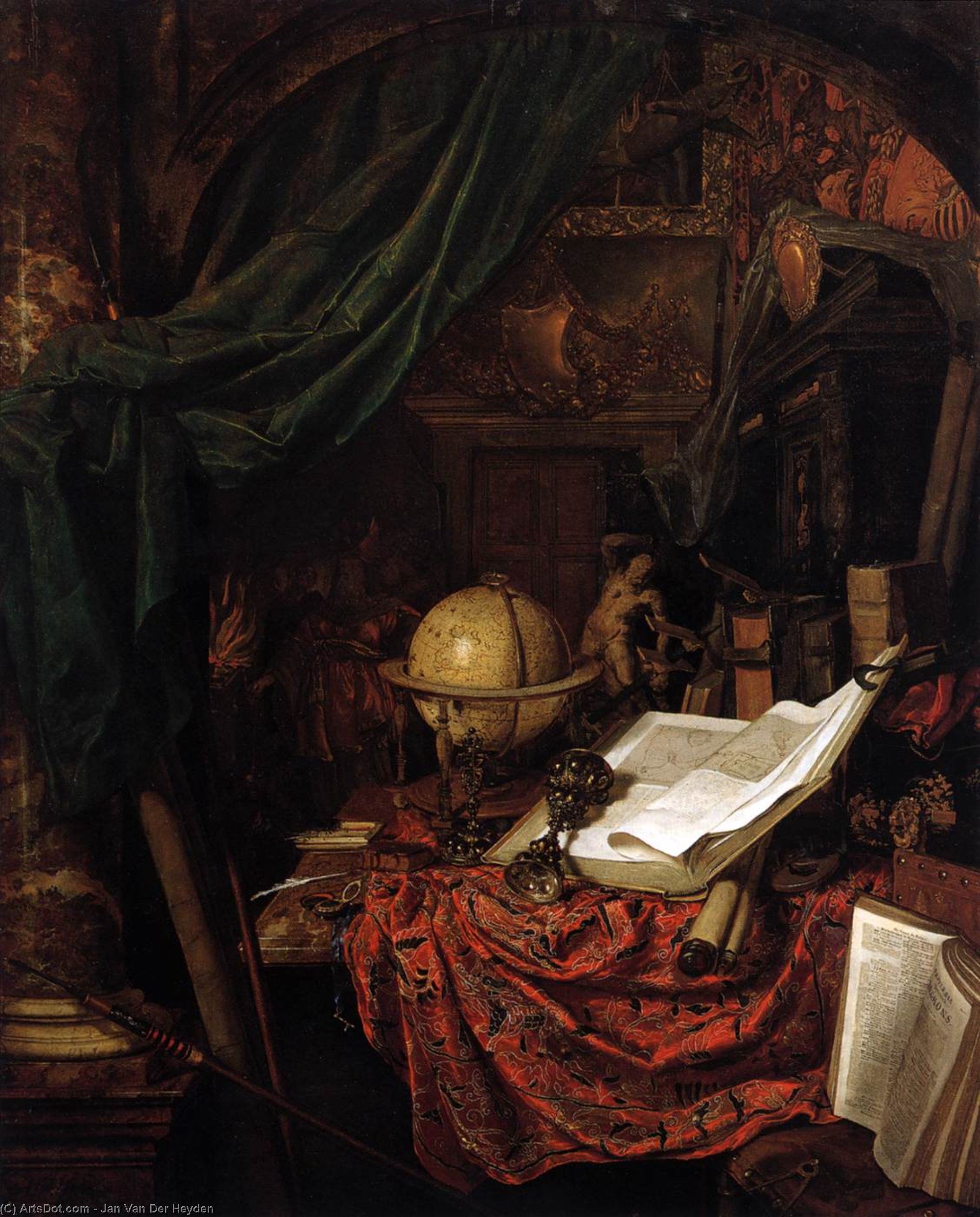 Wikioo.org - The Encyclopedia of Fine Arts - Painting, Artwork by Jan Van Der Heyden - Still-Life with Globe, Books and Chinese Silk