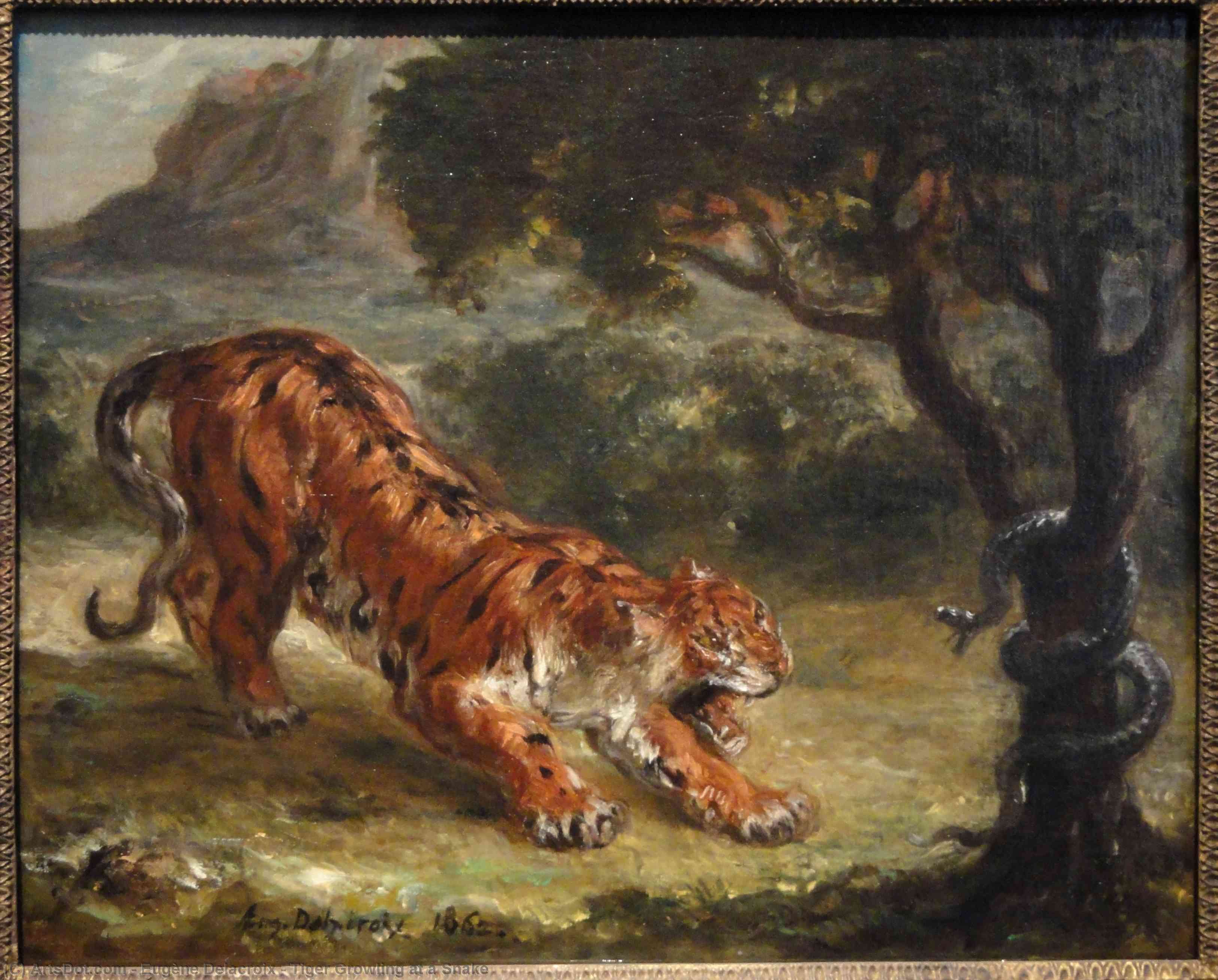 Wikioo.org – L'Enciclopedia delle Belle Arti - Pittura, Opere di Eugène Delacroix - Tigre Ringhiando  in tempo  Un  serpente