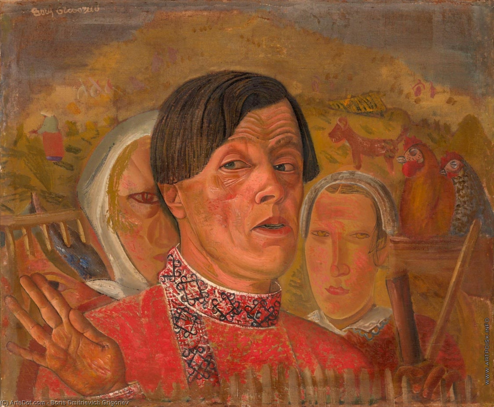 Wikioo.org - The Encyclopedia of Fine Arts - Painting, Artwork by Boris Dmitrievich Grigoriev - Self-portrait With Hen And Rooster