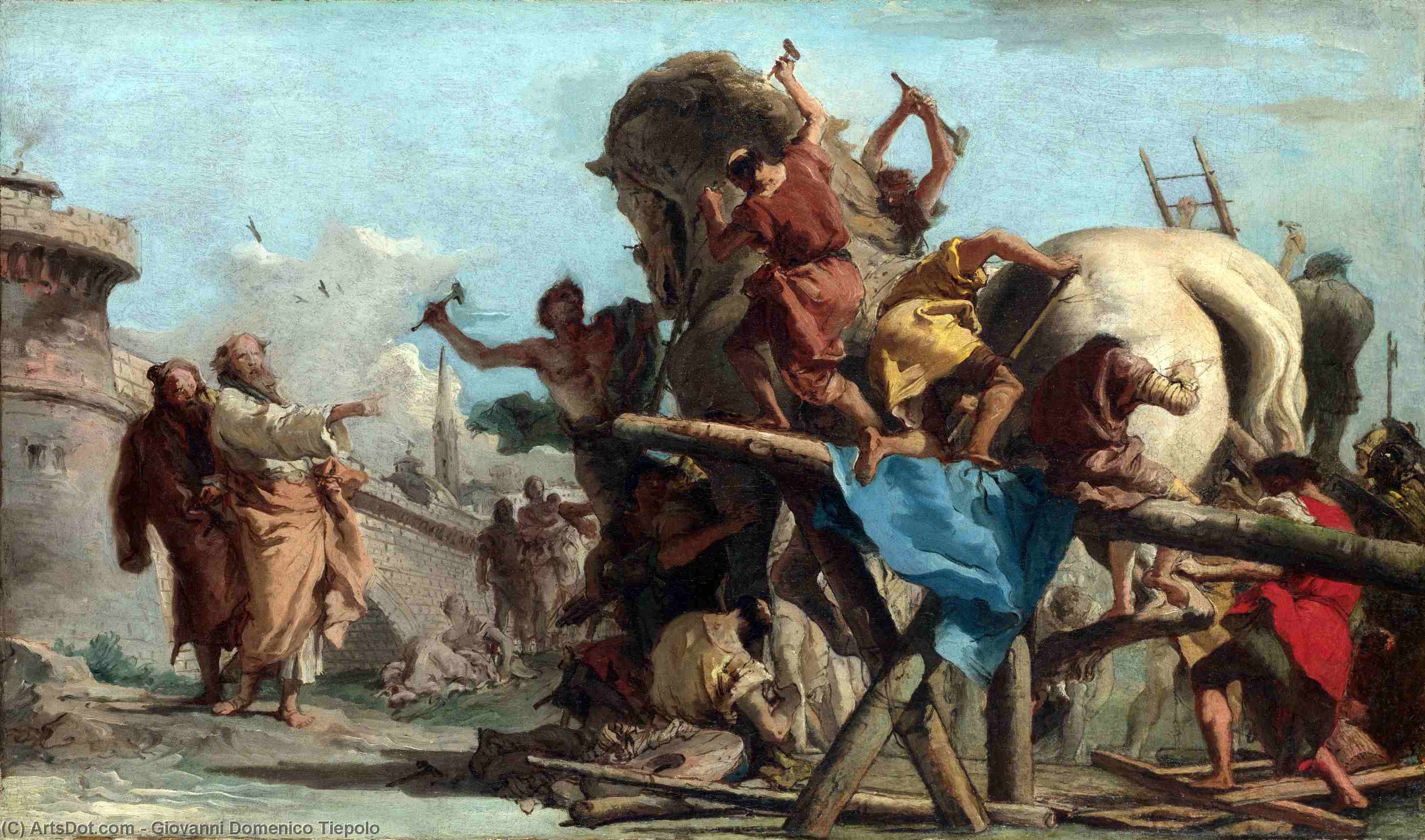Wikioo.org - The Encyclopedia of Fine Arts - Painting, Artwork by Giovanni Domenico Tiepolo - The Building of the Trojan Horse
