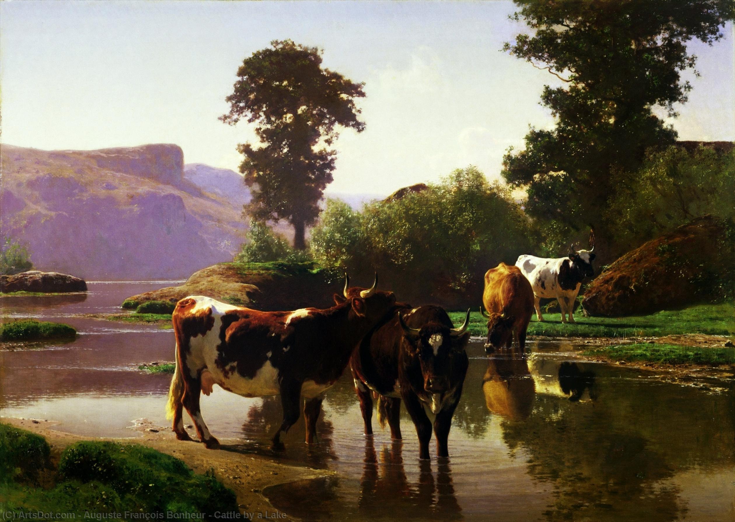 Wikioo.org - The Encyclopedia of Fine Arts - Painting, Artwork by Auguste François Bonheur - Cattle by a Lake