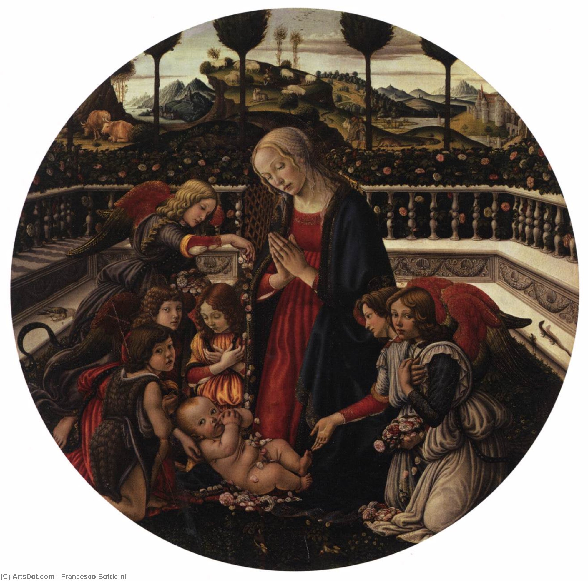 Wikioo.org - The Encyclopedia of Fine Arts - Painting, Artwork by Francesco Di Giovanni Botticini - Madonna with Child, St John the Baptist, and Angels