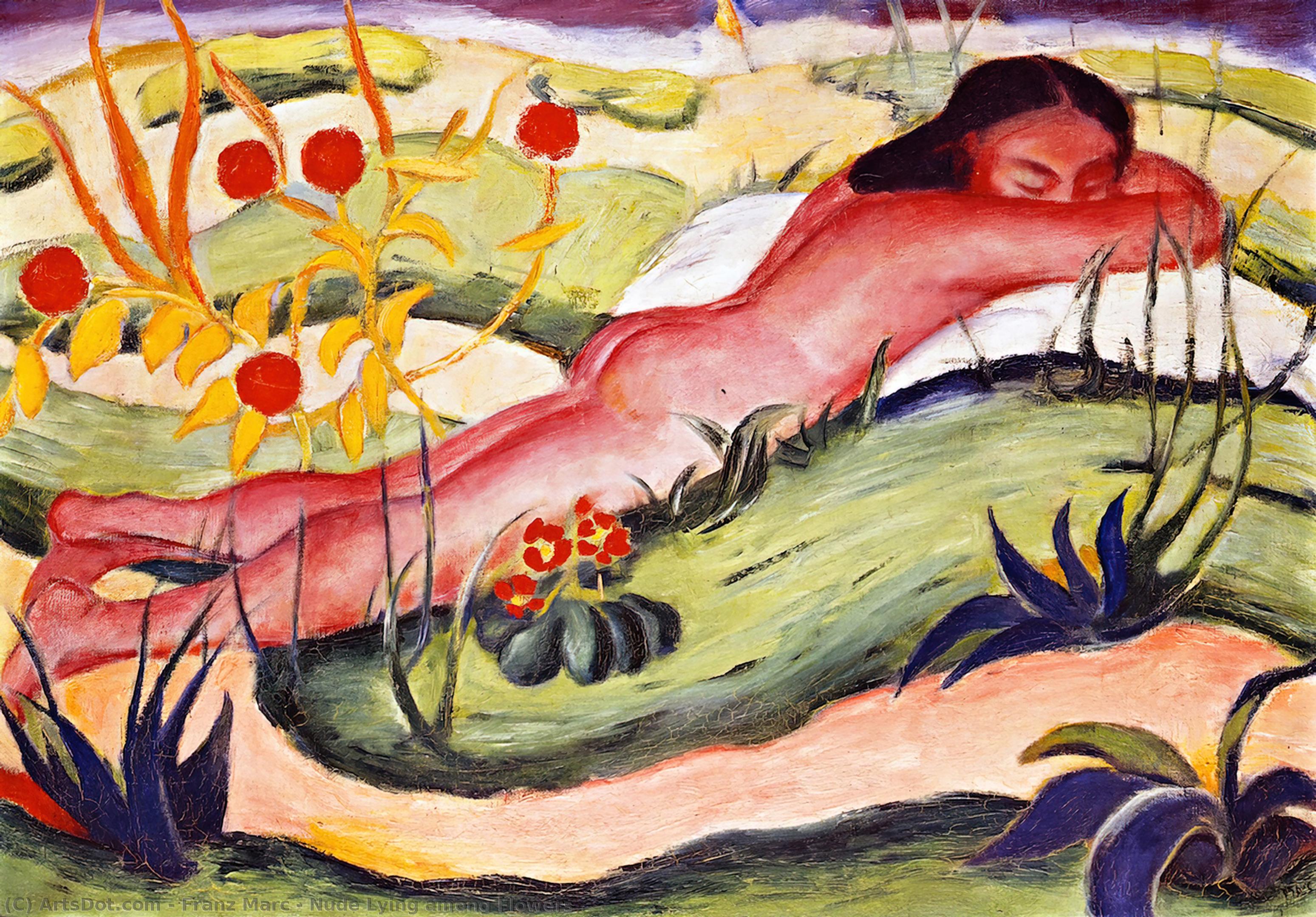 Wikoo.org - موسوعة الفنون الجميلة - اللوحة، العمل الفني Franz Marc - Nude Lying among Flowers