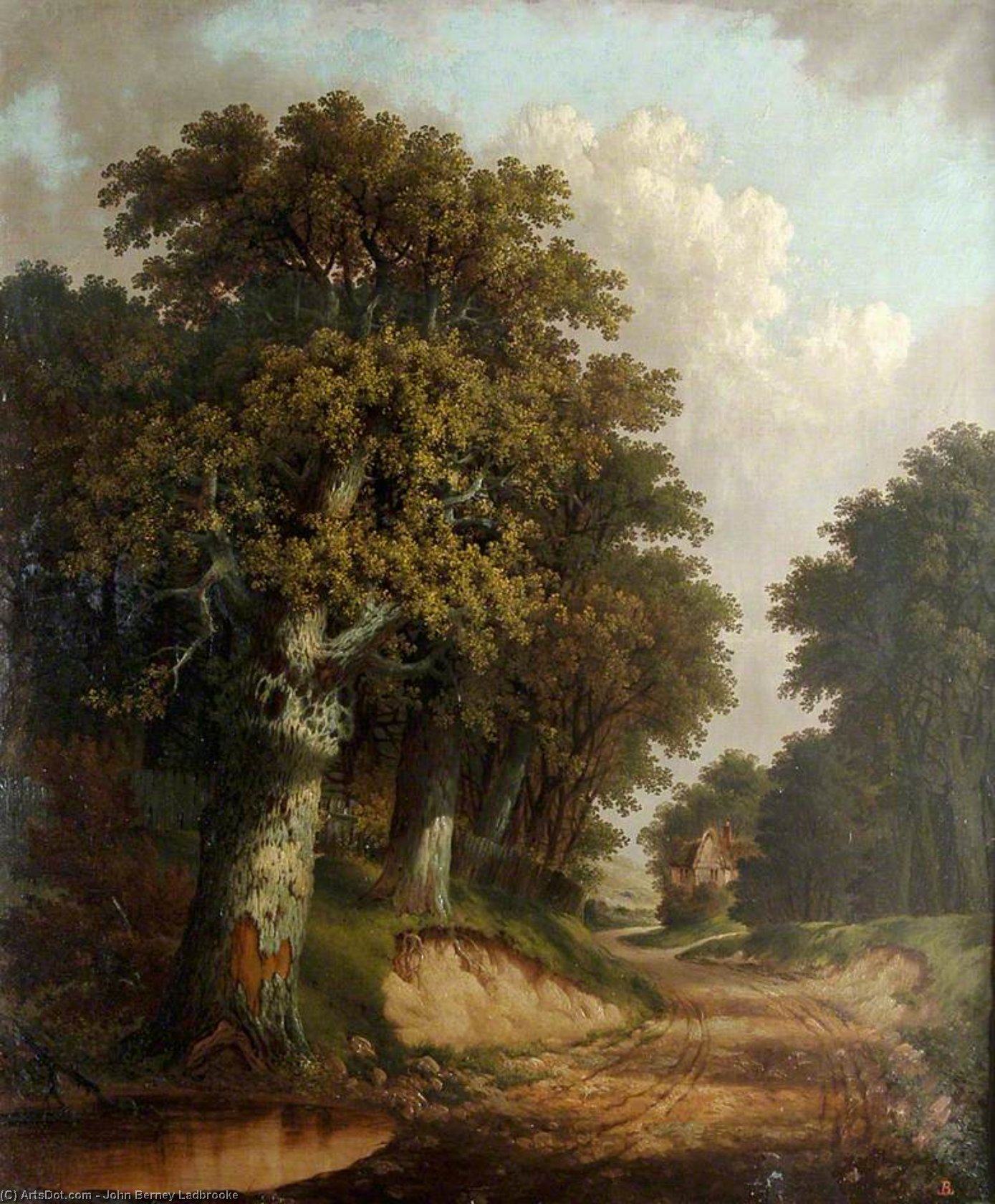 Wikioo.org - The Encyclopedia of Fine Arts - Painting, Artwork by John Berney Ladbrooke - Landscape With Trees, Cottage, Winding Lane And Pond