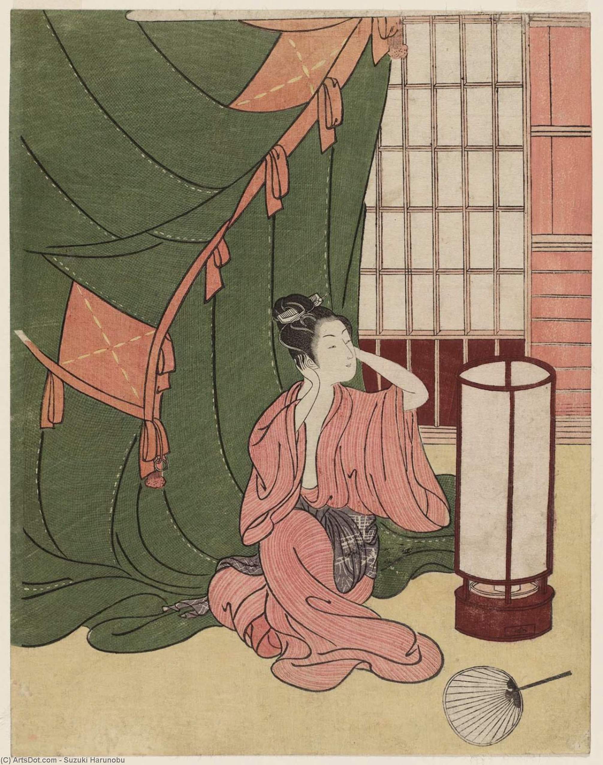 Wikioo.org - The Encyclopedia of Fine Arts - Painting, Artwork by Suzuki Harunobu - Woman Holding Her Ears During A Thunderstorm