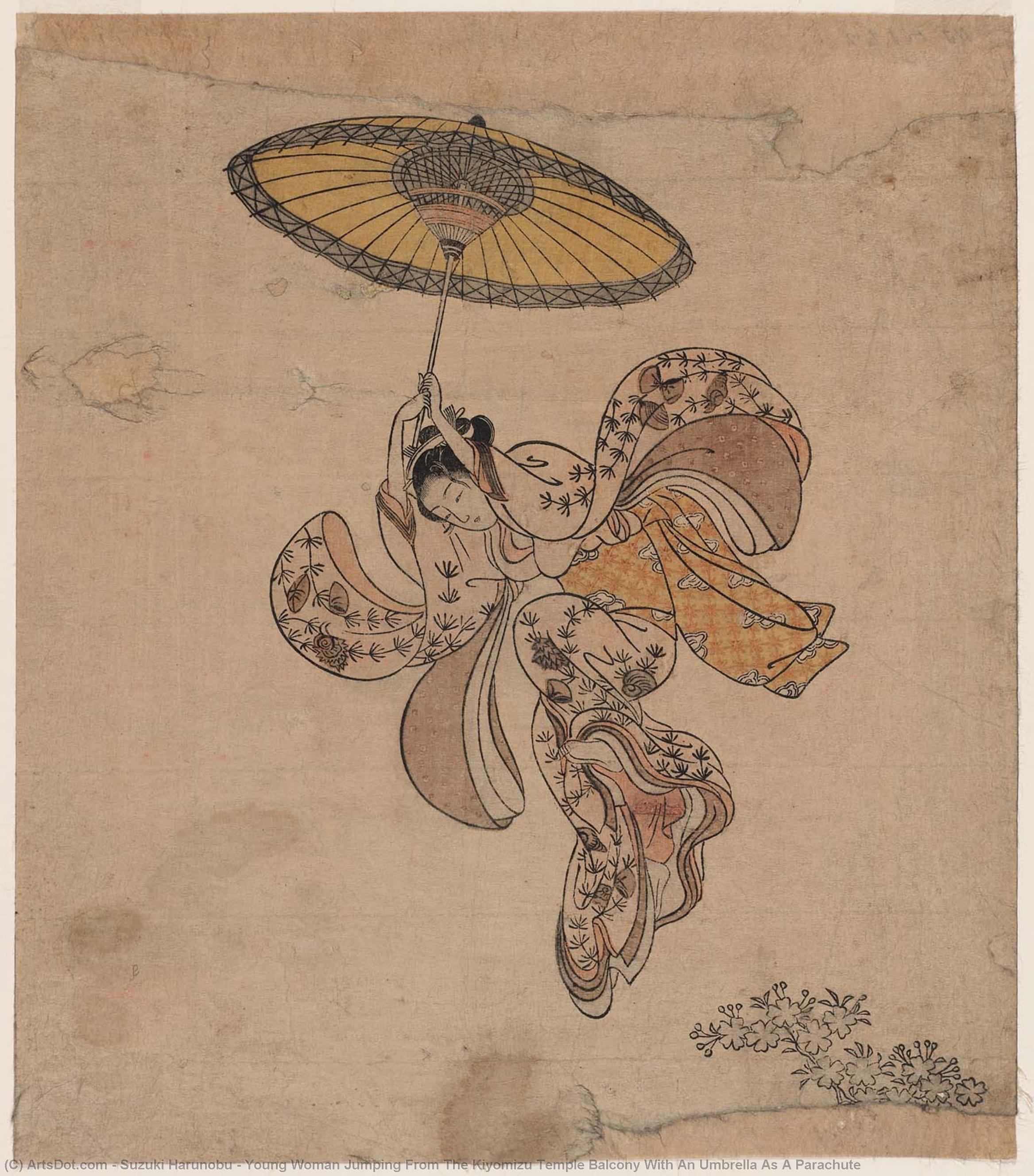 Wikioo.org - The Encyclopedia of Fine Arts - Painting, Artwork by Suzuki Harunobu - Young Woman Jumping From The Kiyomizu Temple Balcony With An Umbrella As A Parachute