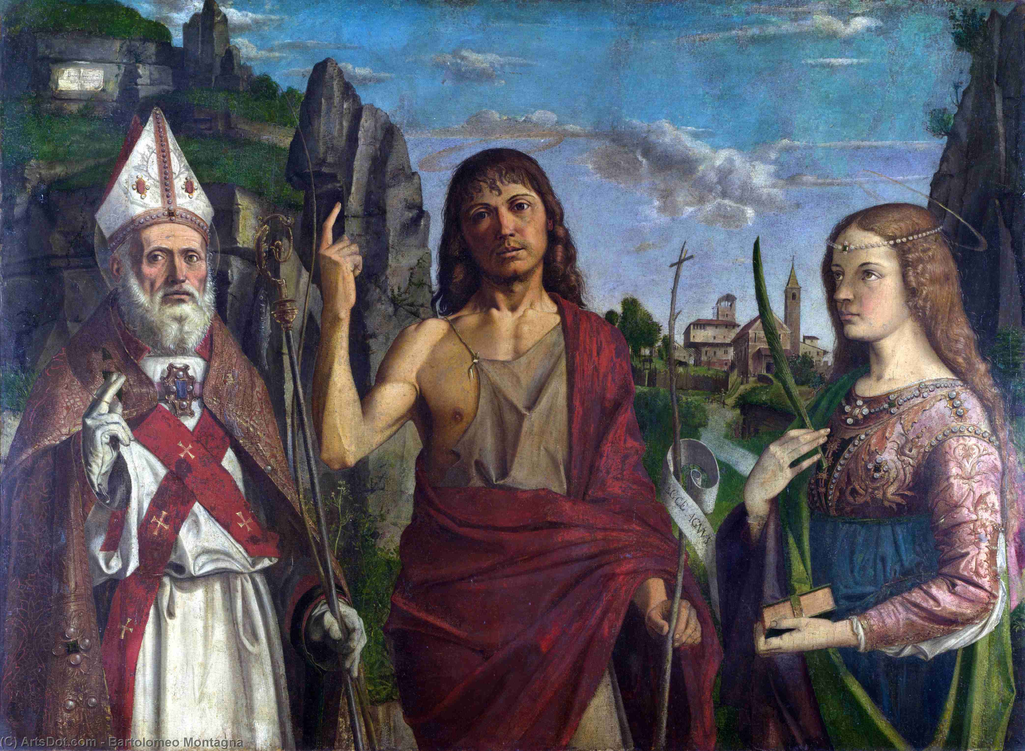Wikioo.org - The Encyclopedia of Fine Arts - Painting, Artwork by Bartolomeo Montagna - Saint Zeno, Saint John the Baptist and a Female Martyr