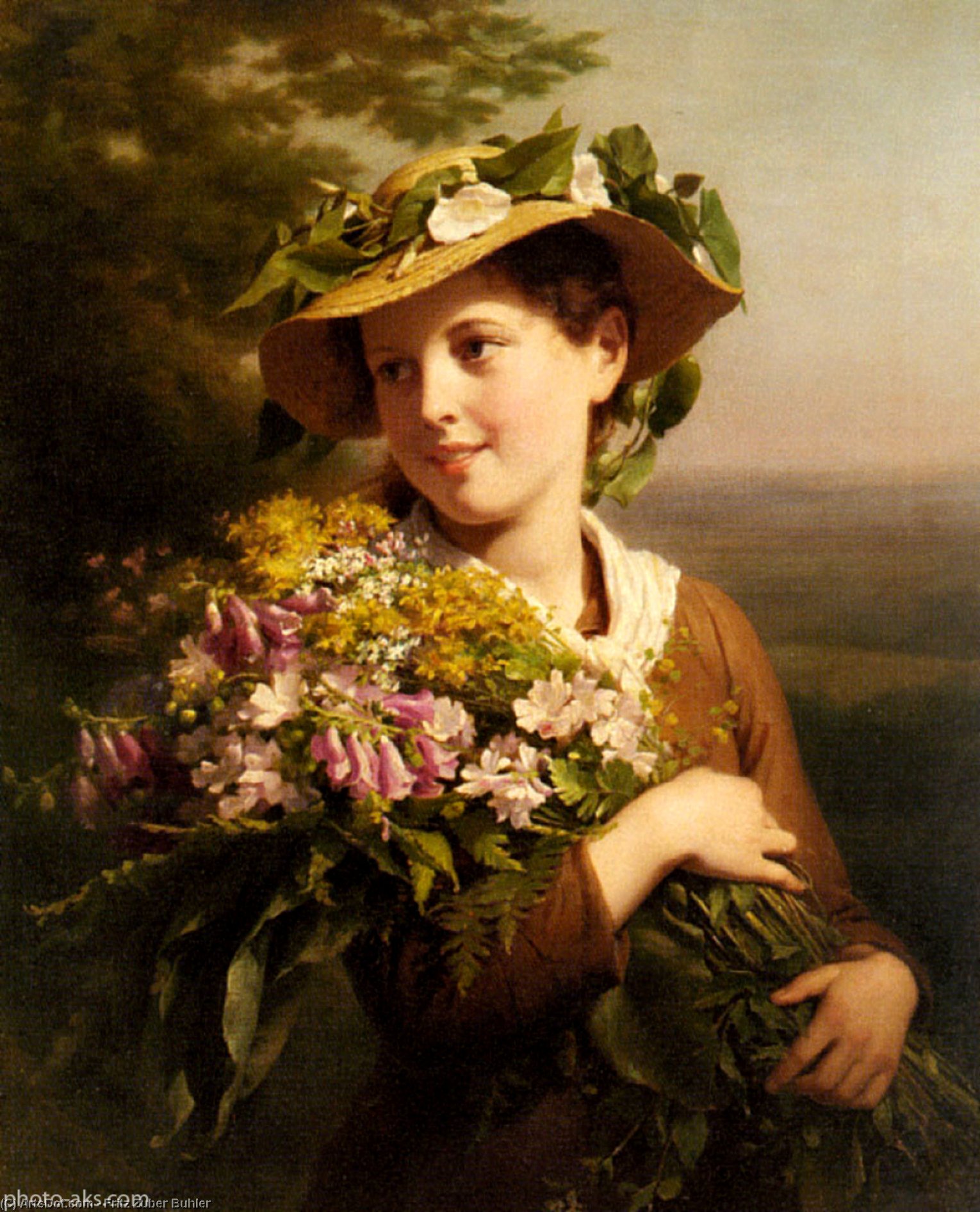 Wikioo.org - The Encyclopedia of Fine Arts - Painting, Artwork by Fritz Zuber Buhler - A Young Beauty holding a Bouquet of Flowers