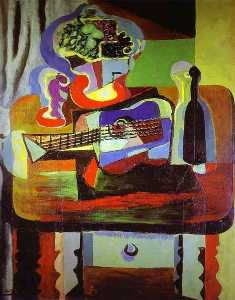 Pablo Picasso - Guitar, Bottle, Bowl with Fruit, and Glass on Table