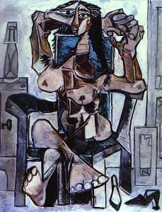 Pablo Picasso - Nude in an Armchair with a Bottle of Evian Water, a Glass and Shoes