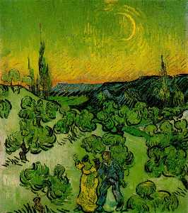 Vincent Van Gogh - Landscape with Couple Walking and Crescent Moon