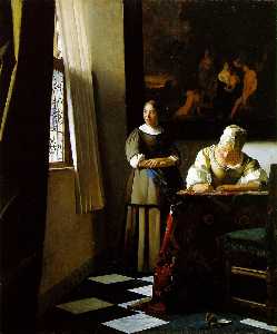 señora escribiendo una carta con su doncella [ c . 1670 ]
