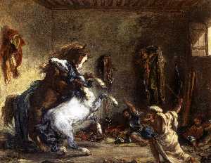 Eugène Delacroix - Arab Horses Fighting in a Stable