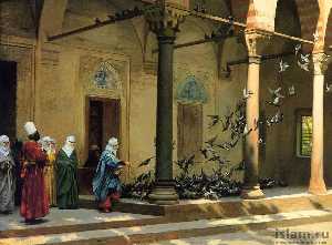 Harem Women Feeding Pigeons in a Courtyard