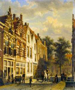Cornelis Springer - Figures in the Sunlit Streets of a Dutch Town