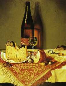 Still LIfe with Cheese, Bottle of Wine and Mouse