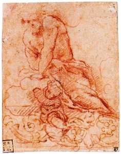 Antonio Allegri Da Correggio - Male figure on clouds, with putto and decorative frieze