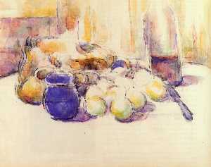 Paul Cezanne - Blue Pot and Bottle of Wine (aka Still Life with Pears and Apples, Covered Blue Jar, and a Bottle of Wine)