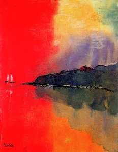 Seacoast (Red Sky, Two White Sails)