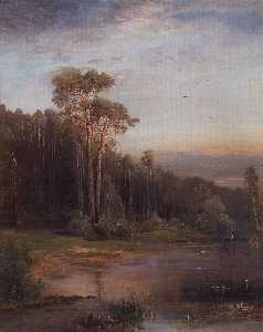 Summer landscape with pine trees near the river